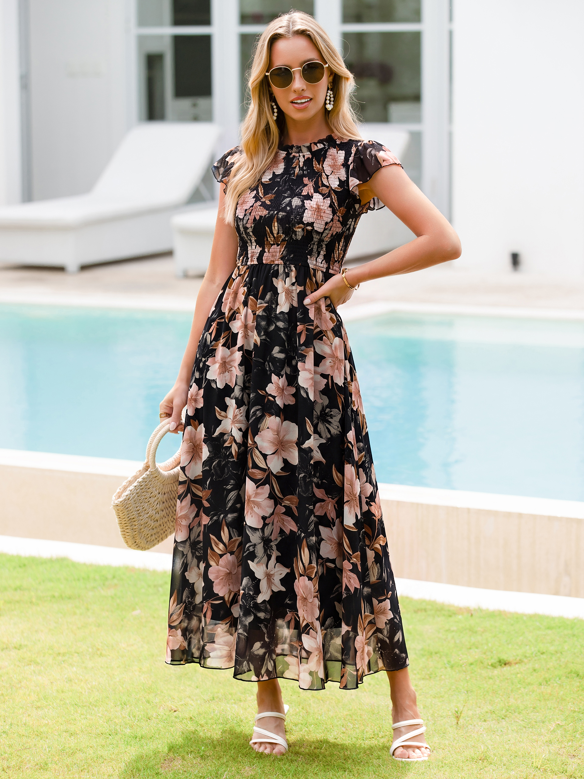 Smocked Bodice Chiffon Floral Maxi Dress