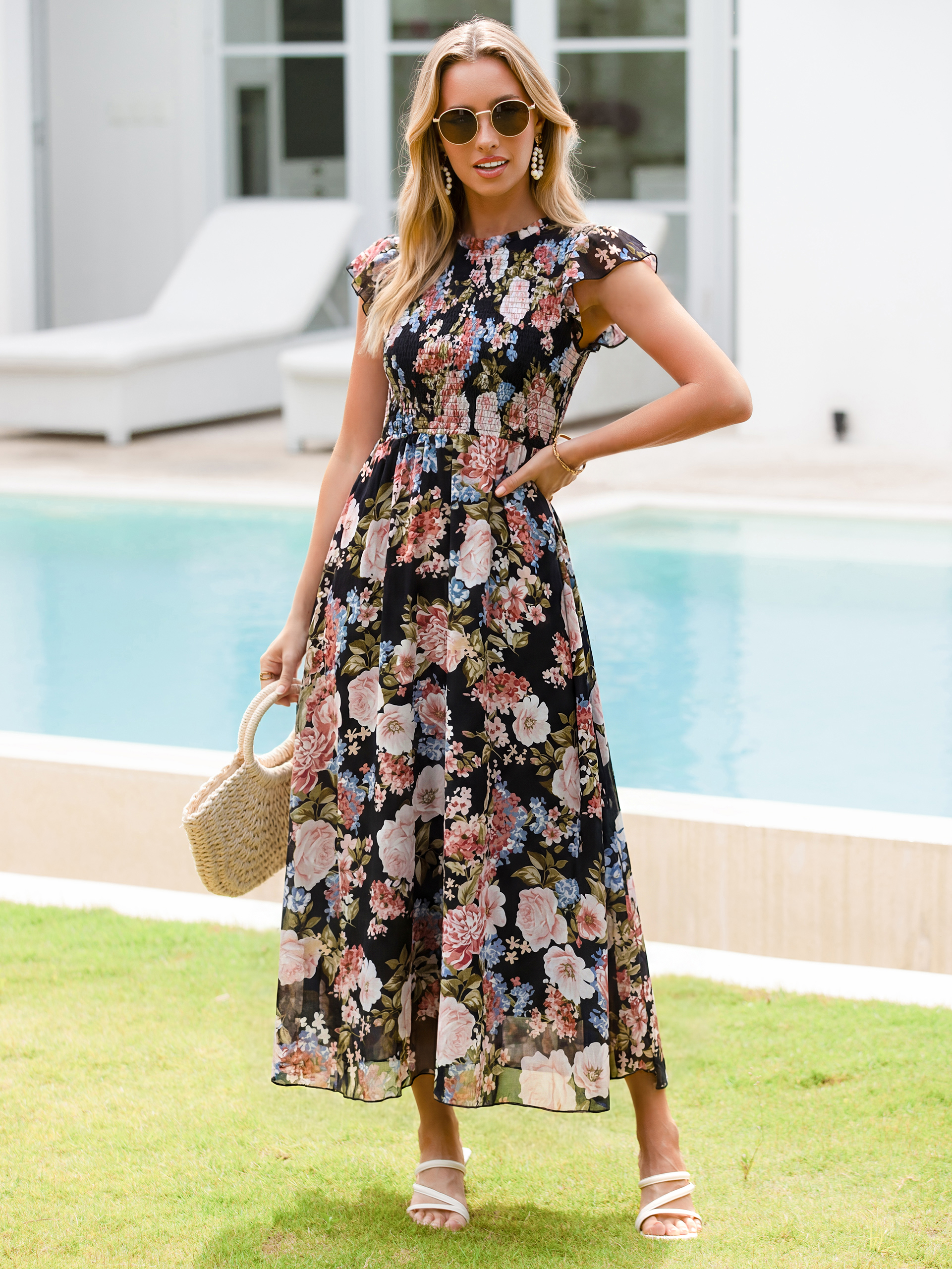 Smocked Bodice Chiffon Floral Maxi Dress