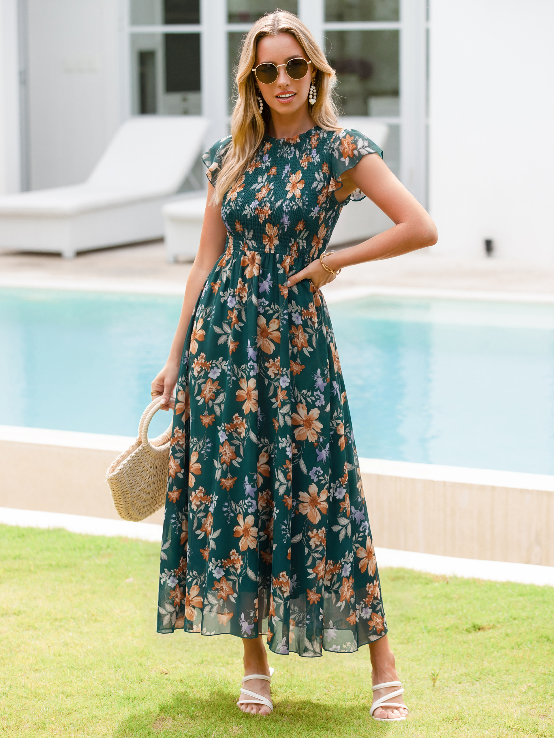 Smocked Bodice Chiffon Floral Maxi Dress