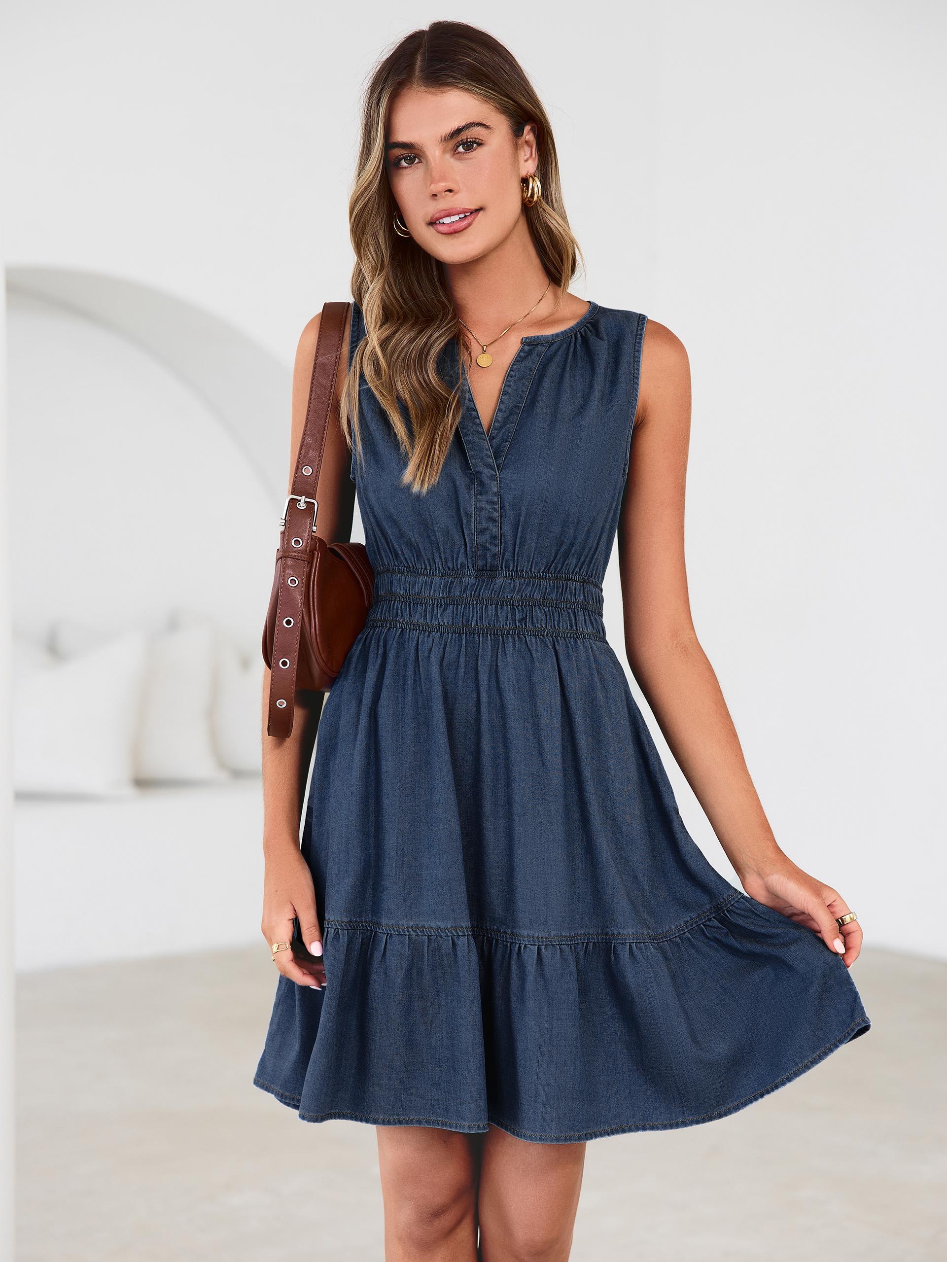 V Neck Sleeveless Lyocell Denim Mini Dress