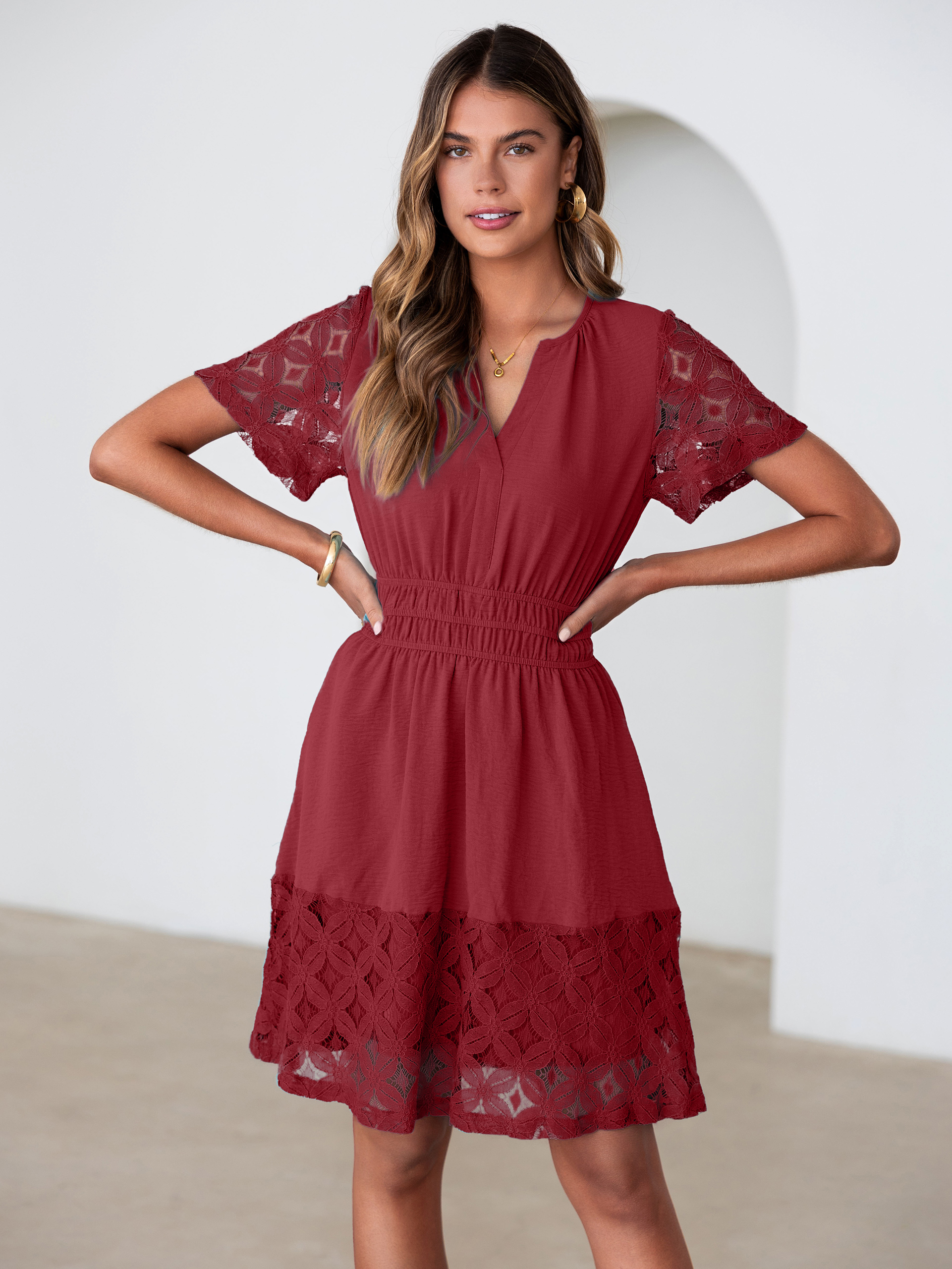 V Neck Crochet Lace Smocked Waist Mini Dress