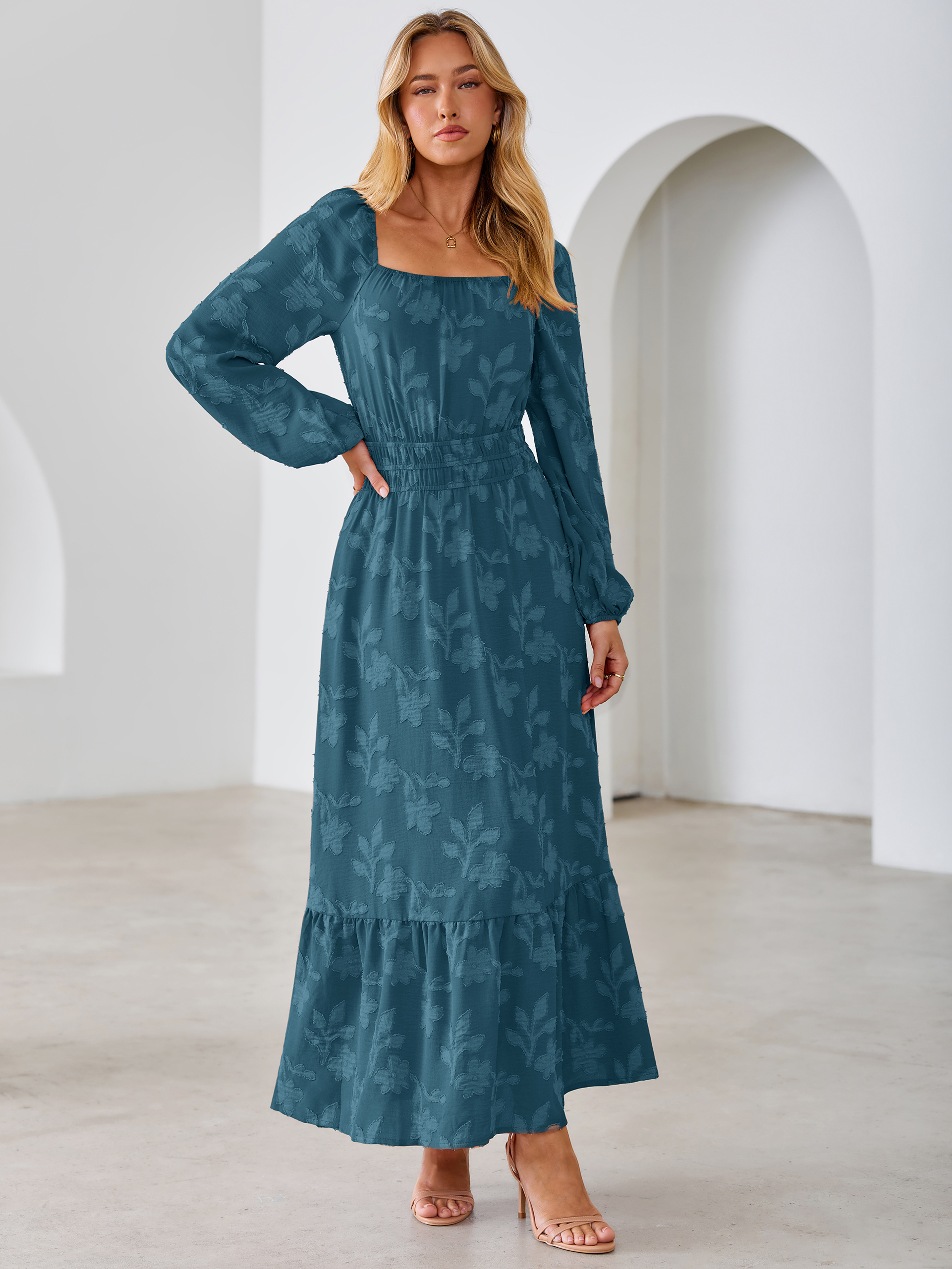 Jacquard Floral Square Neck Wedding Guest Maxi Dress