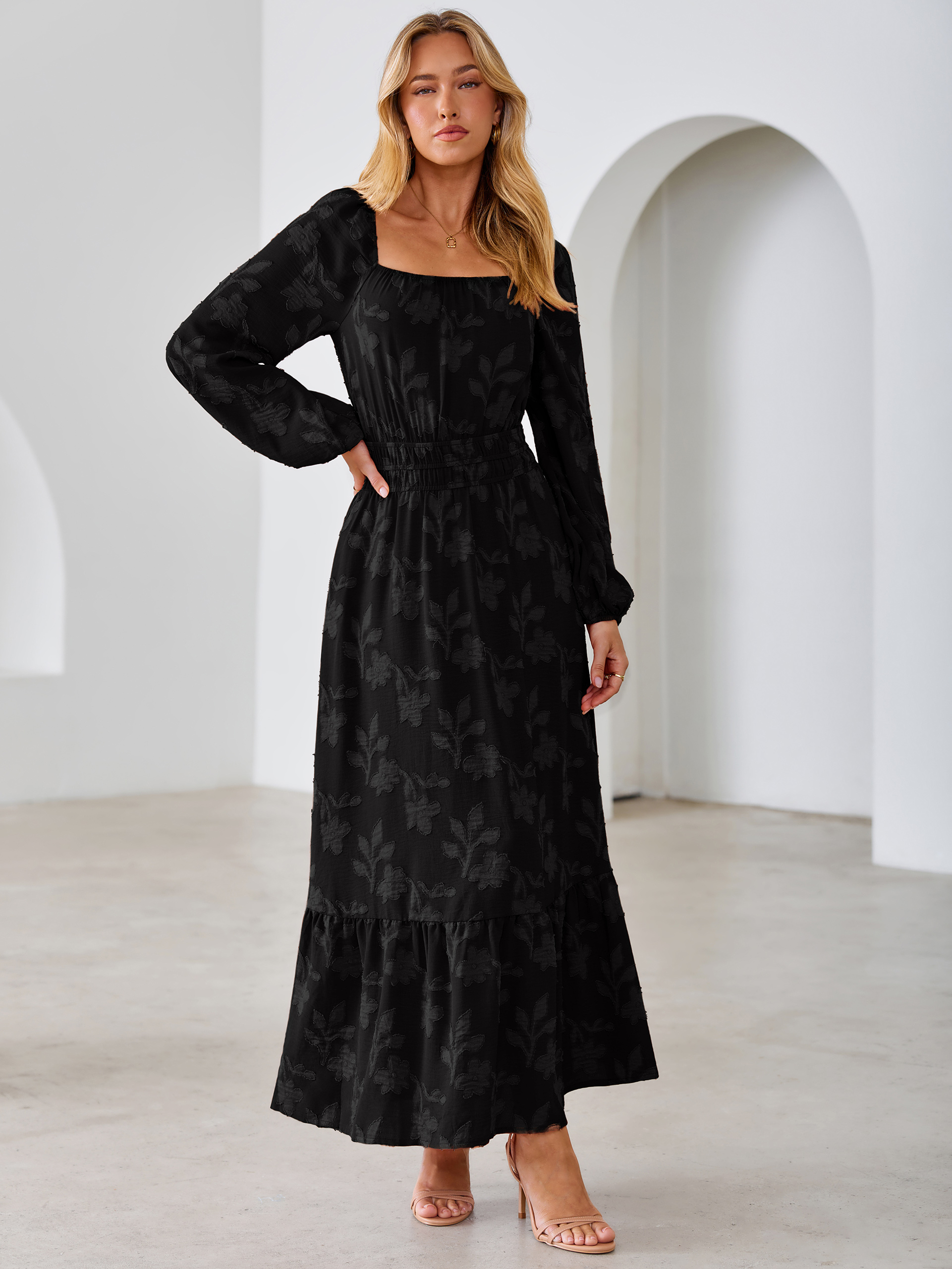 Jacquard Floral Square Neck Wedding Guest Maxi Dress