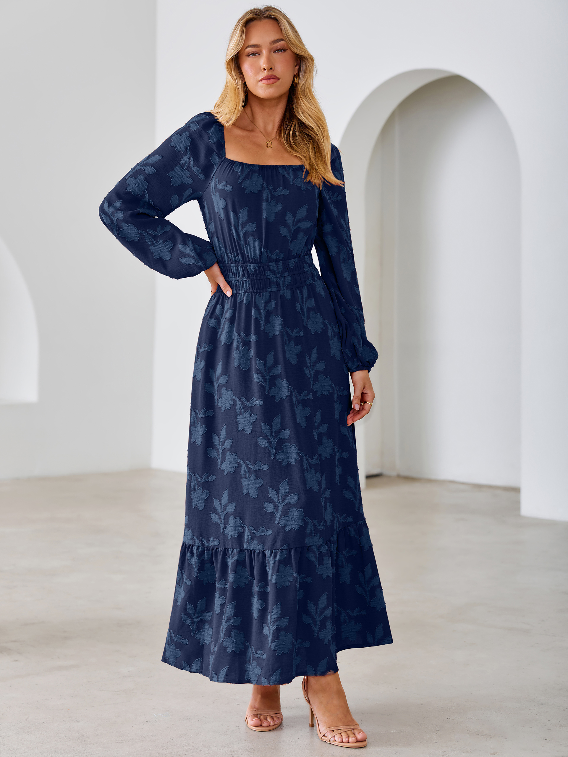 Jacquard Floral Square Neck Wedding Guest Maxi Dress