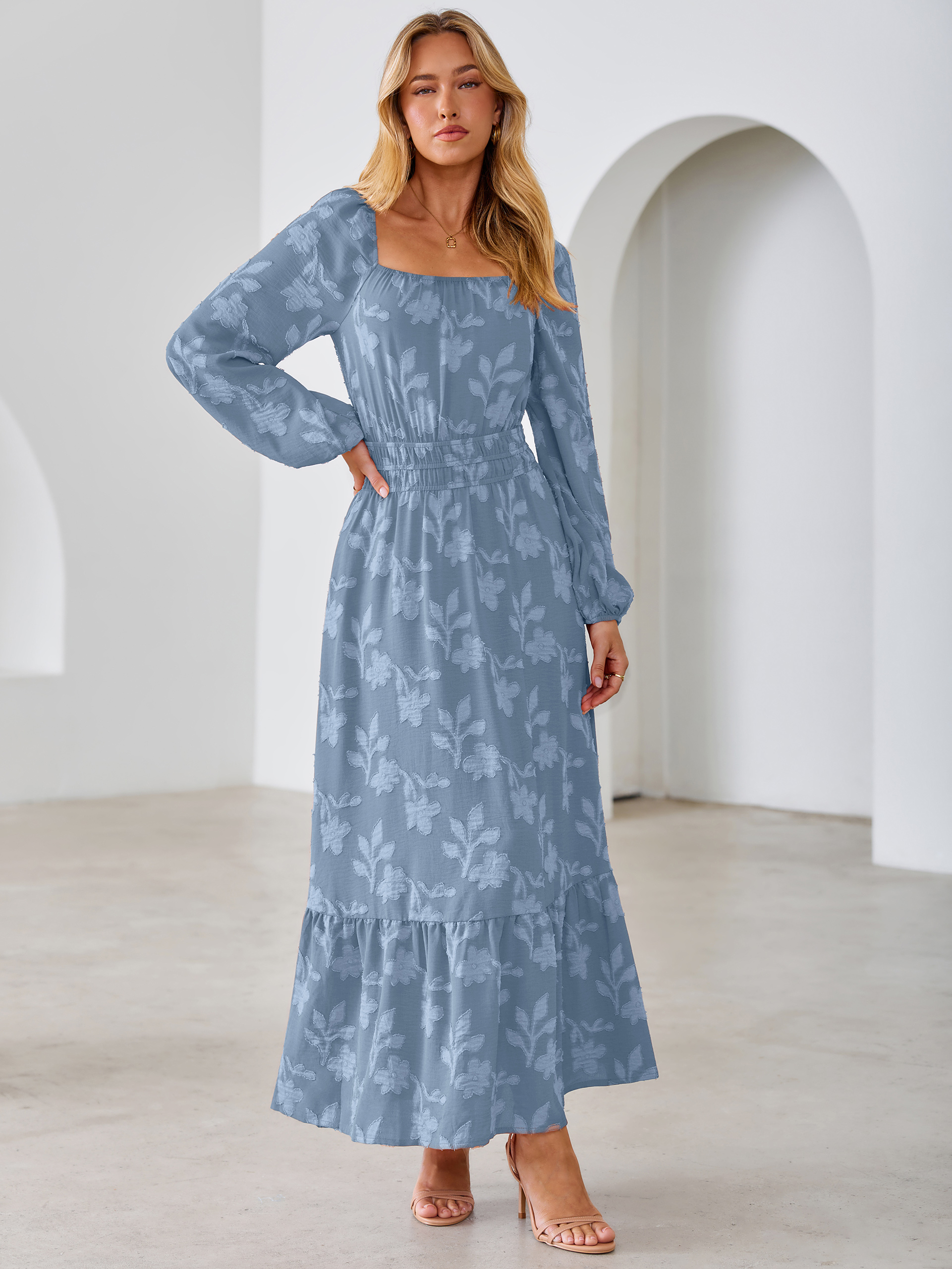 Jacquard Floral Square Neck Wedding Guest Maxi Dress