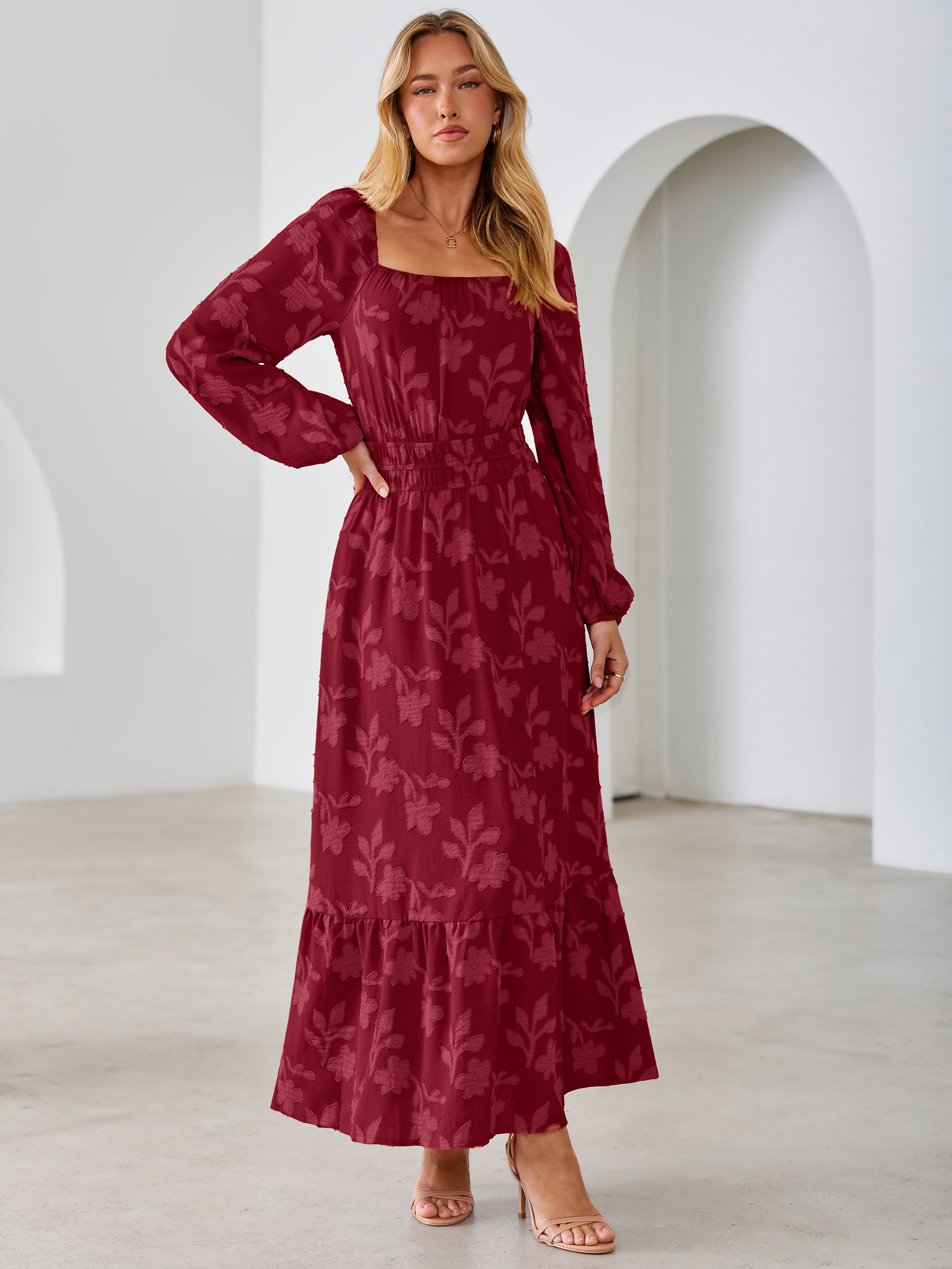 Jacquard Floral Square Neck Wedding Guest Maxi Dress