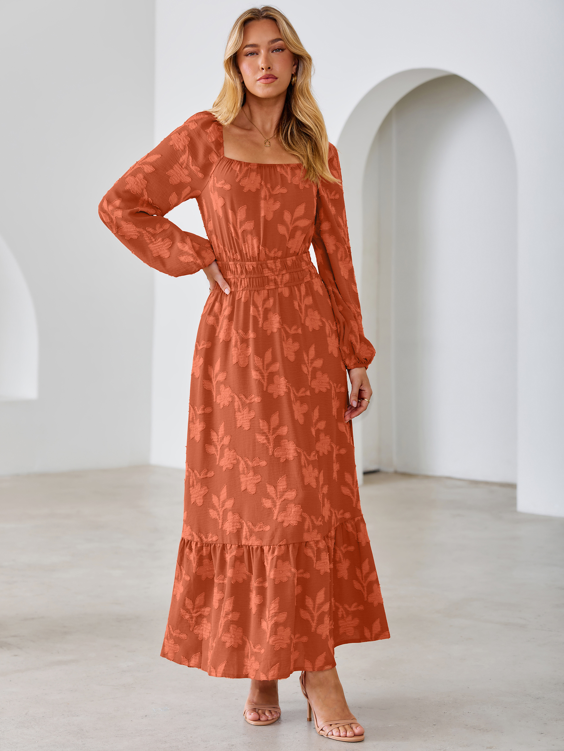 Jacquard Floral Square Neck Wedding Guest Maxi Dress