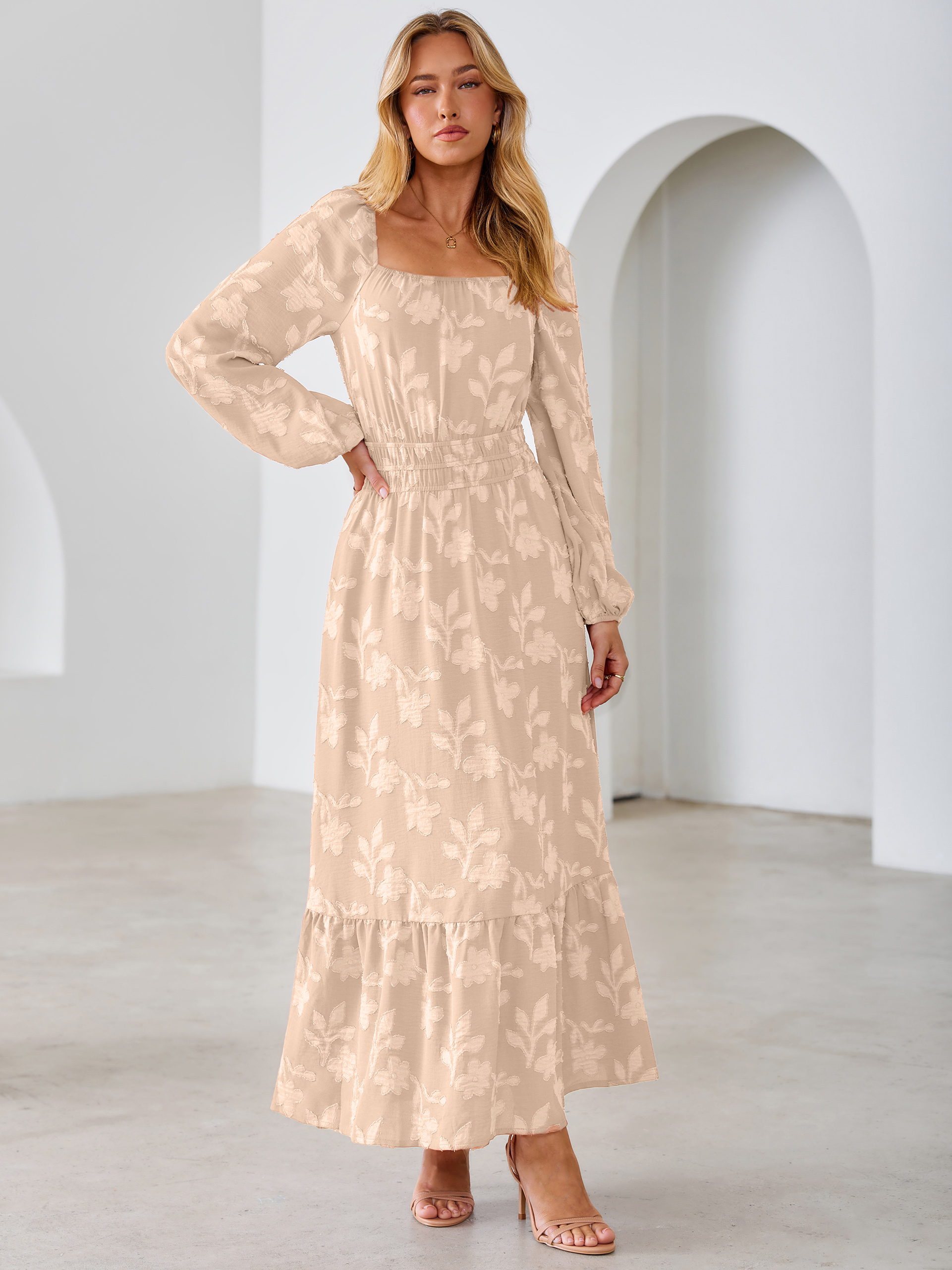 Jacquard Floral Square Neck Wedding Guest Maxi Dress
