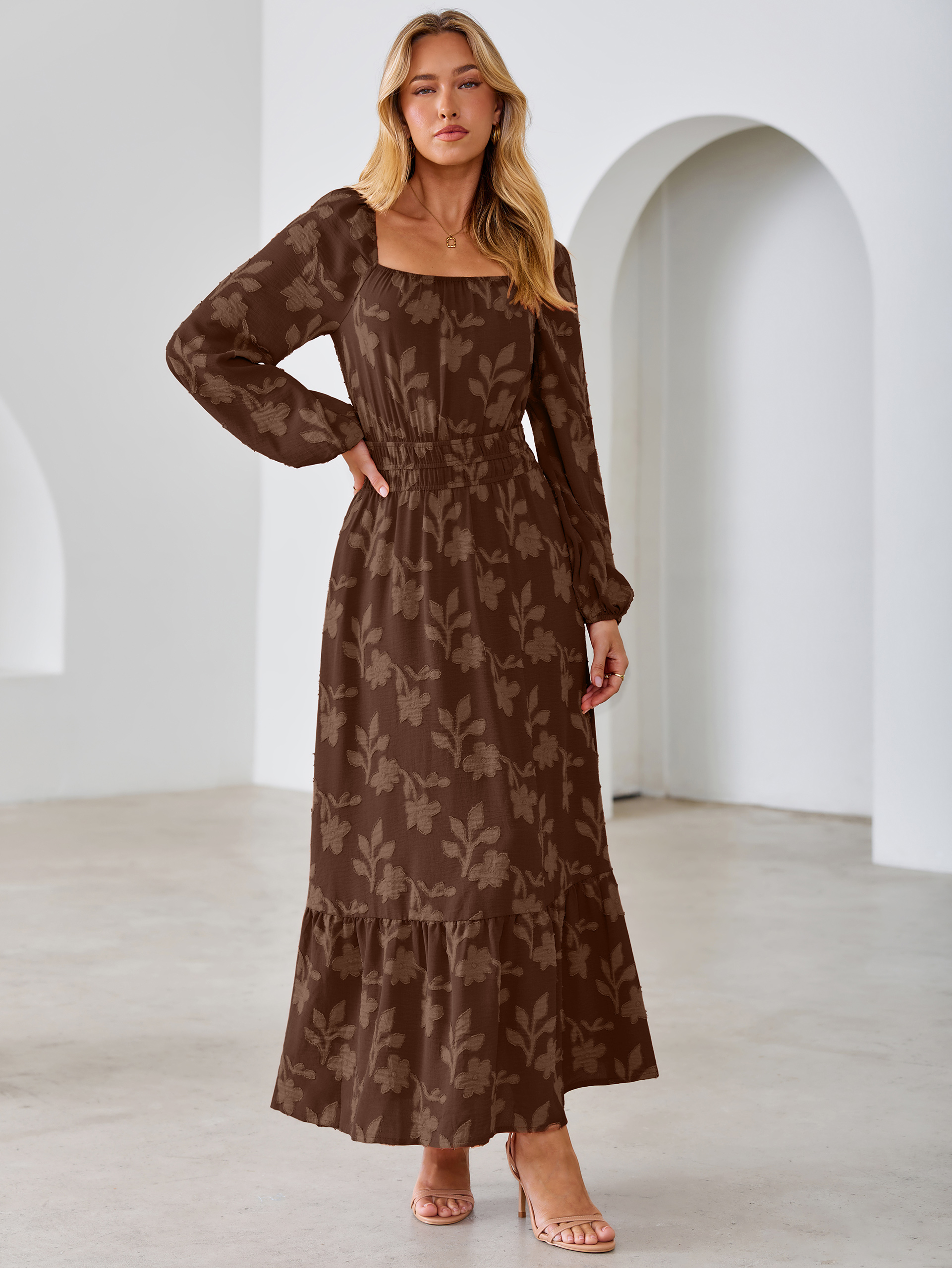 Jacquard Floral Square Neck Wedding Guest Maxi Dress