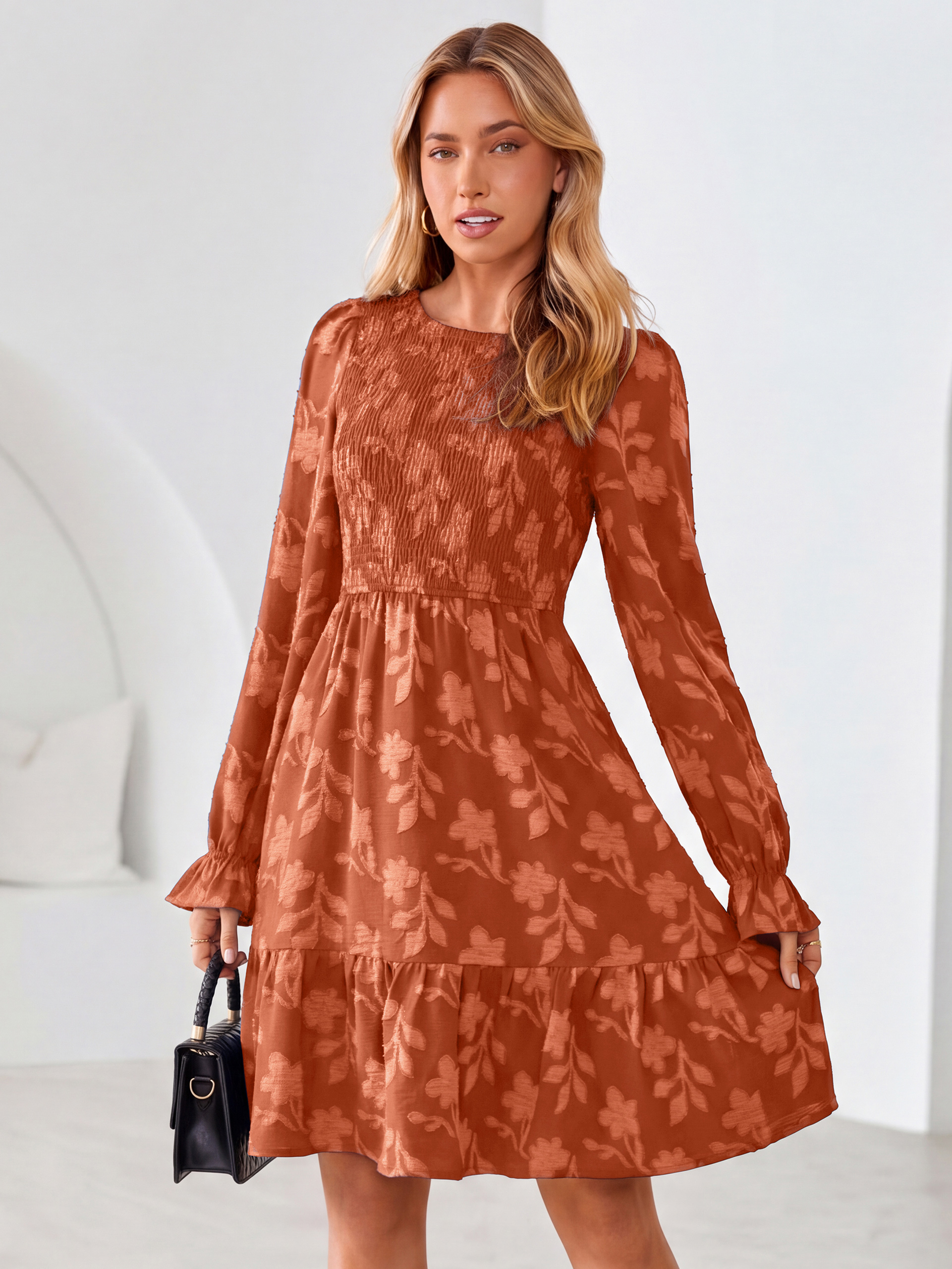 Burnout Leaf Smocked Bodice Long Sleeve Mini Dress