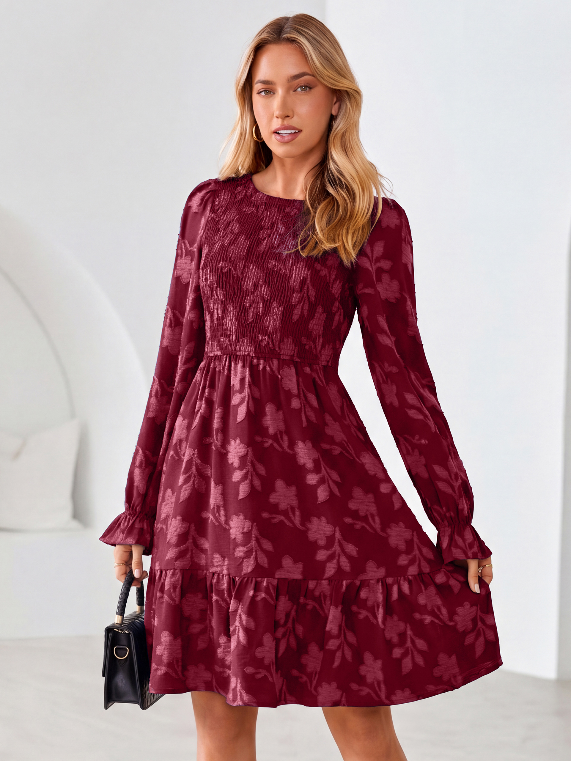 Burnout Leaf Smocked Bodice Long Sleeve Mini Dress