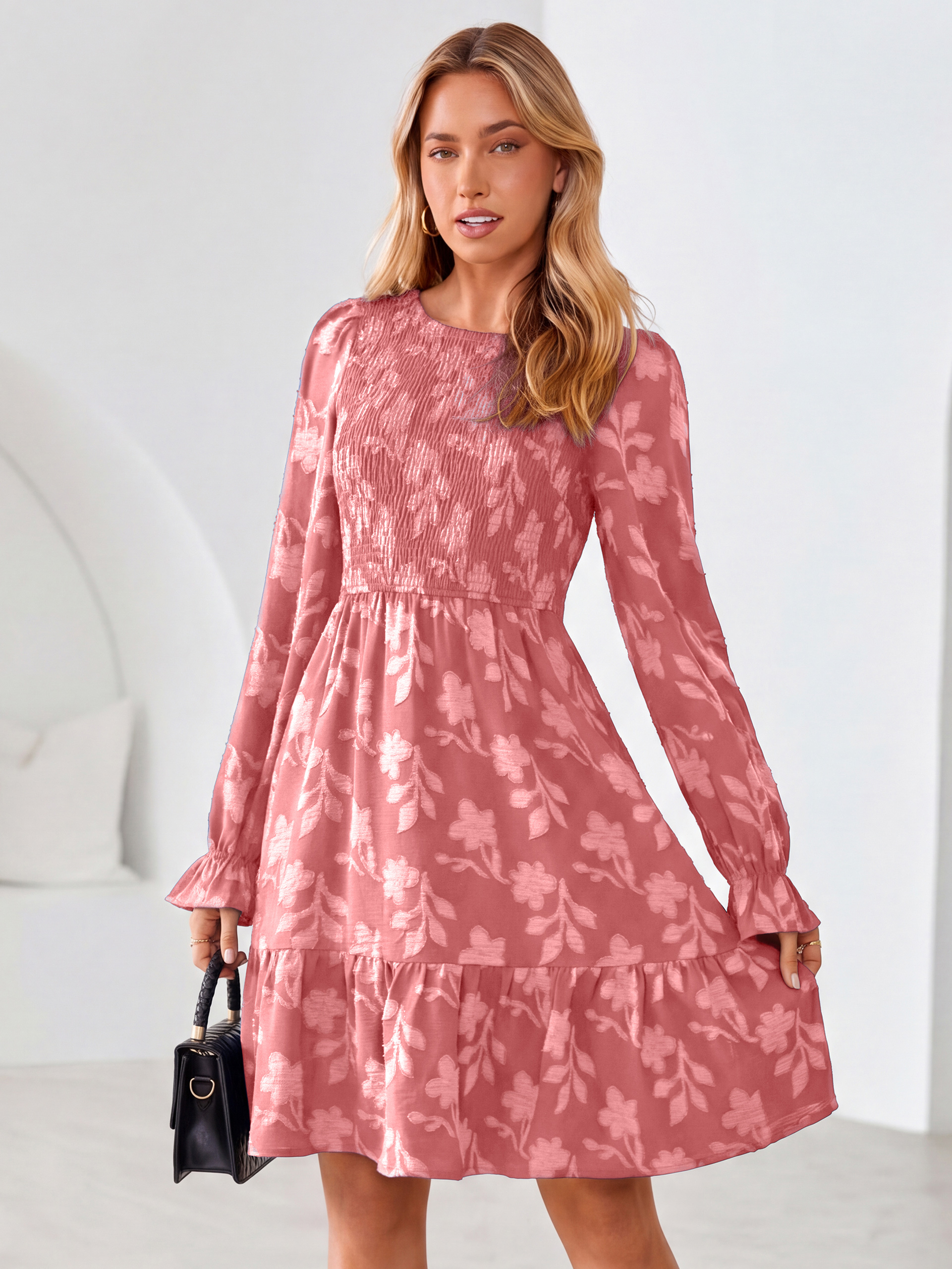 Burnout Leaf Smocked Bodice Long Sleeve Mini Dress
