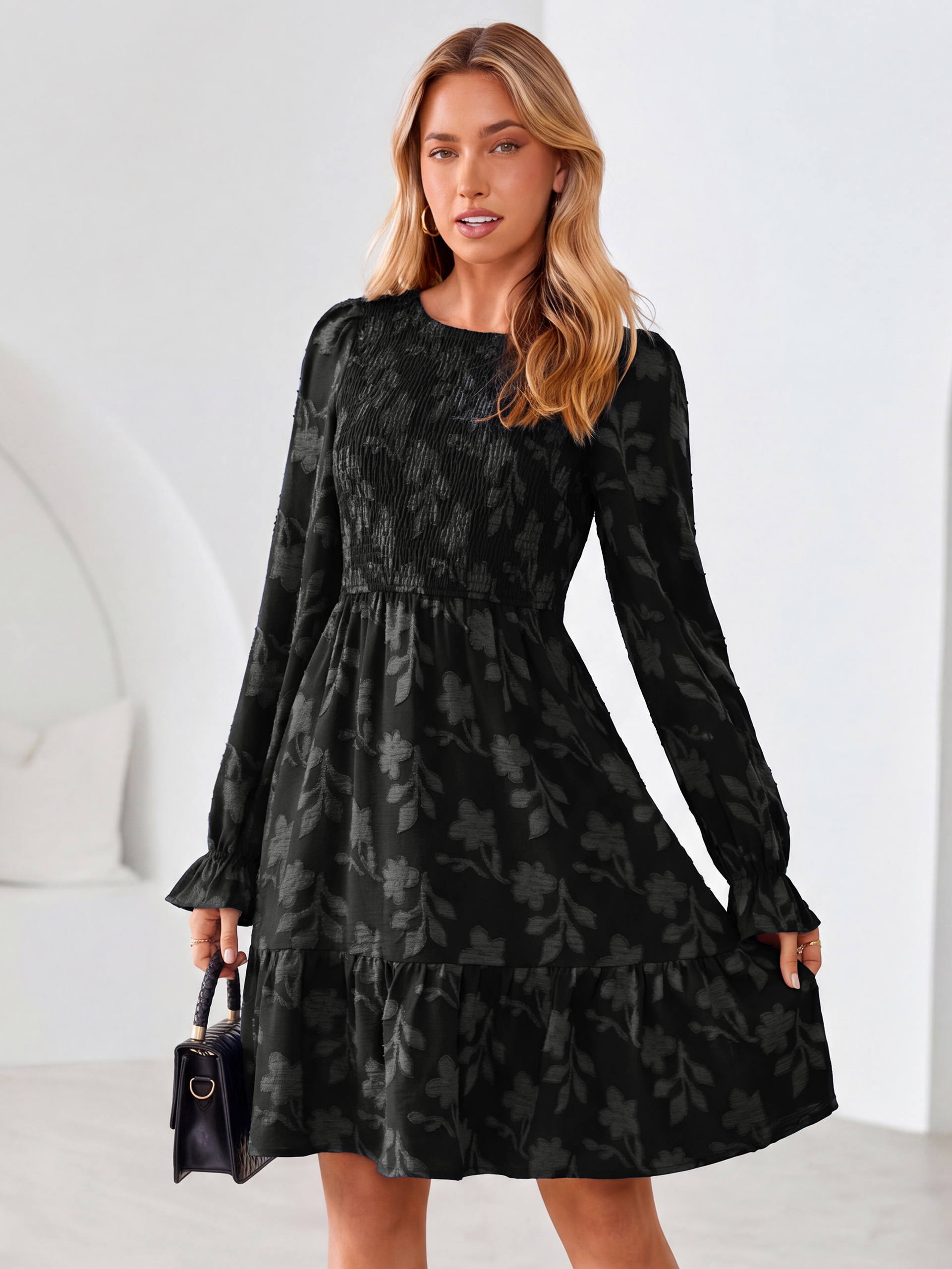 Burnout Leaf Smocked Bodice Long Sleeve Mini Dress