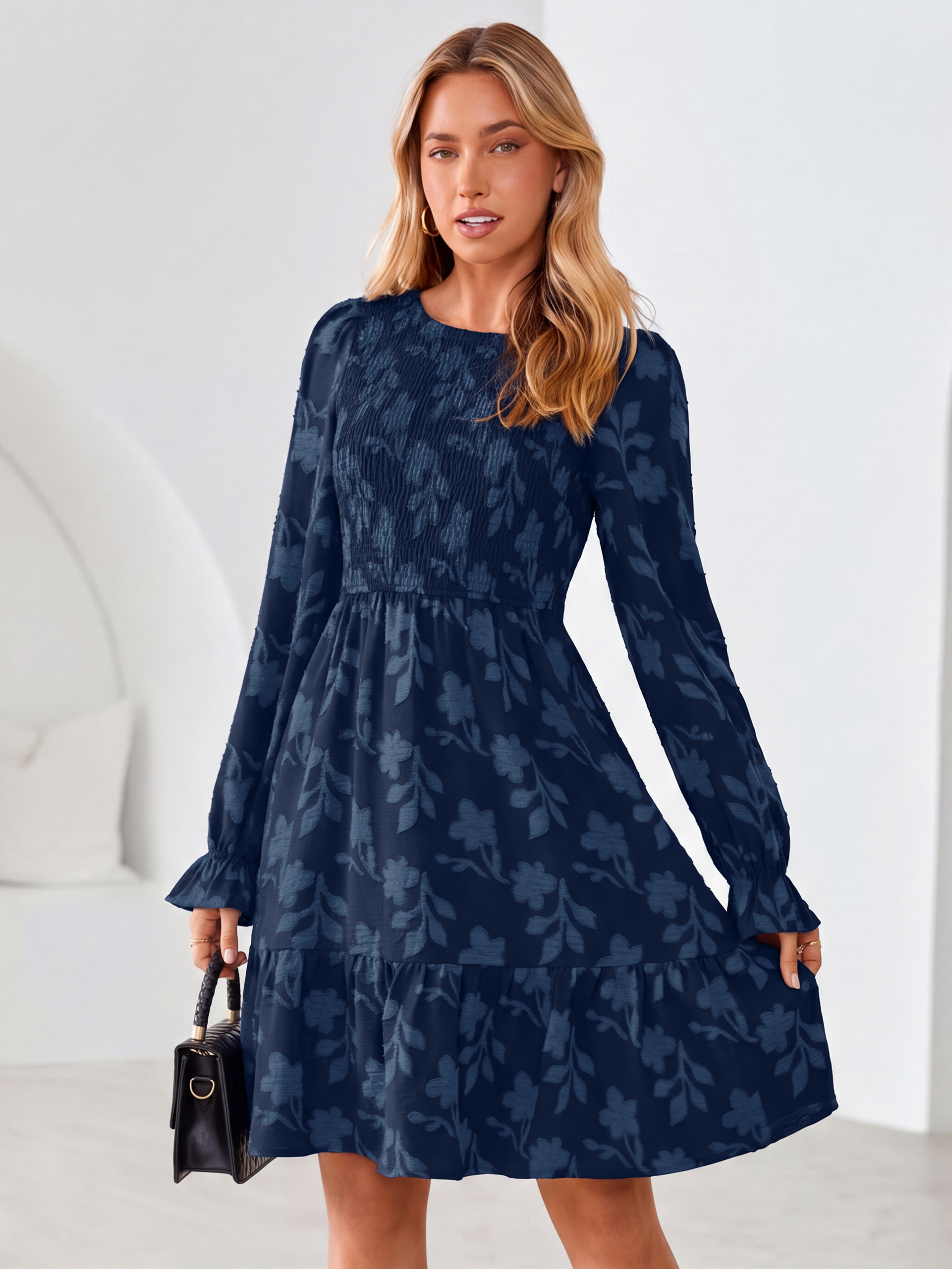 Burnout Leaf Smocked Bodice Long Sleeve Mini Dress