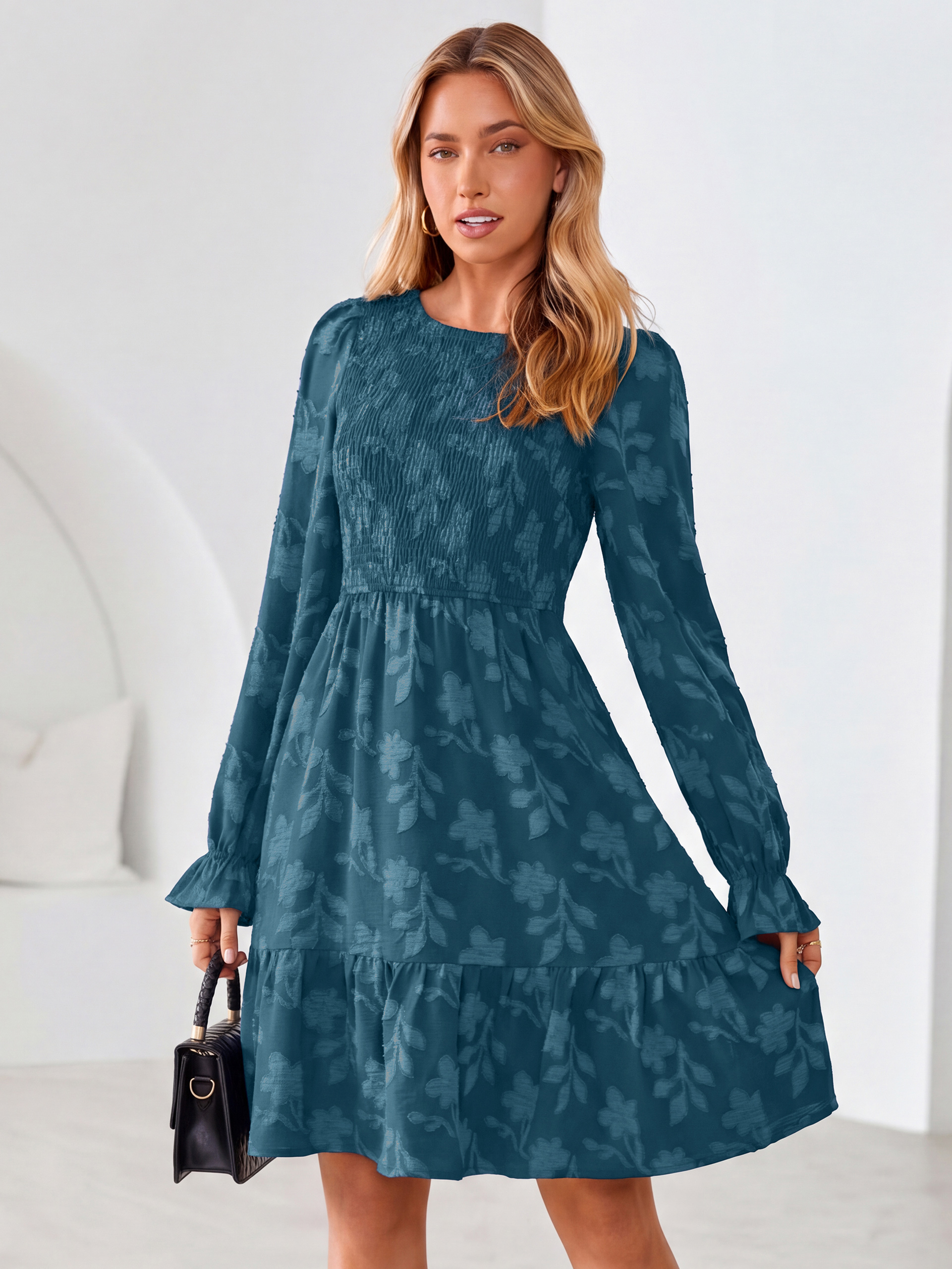 Burnout Leaf Smocked Bodice Long Sleeve Mini Dress