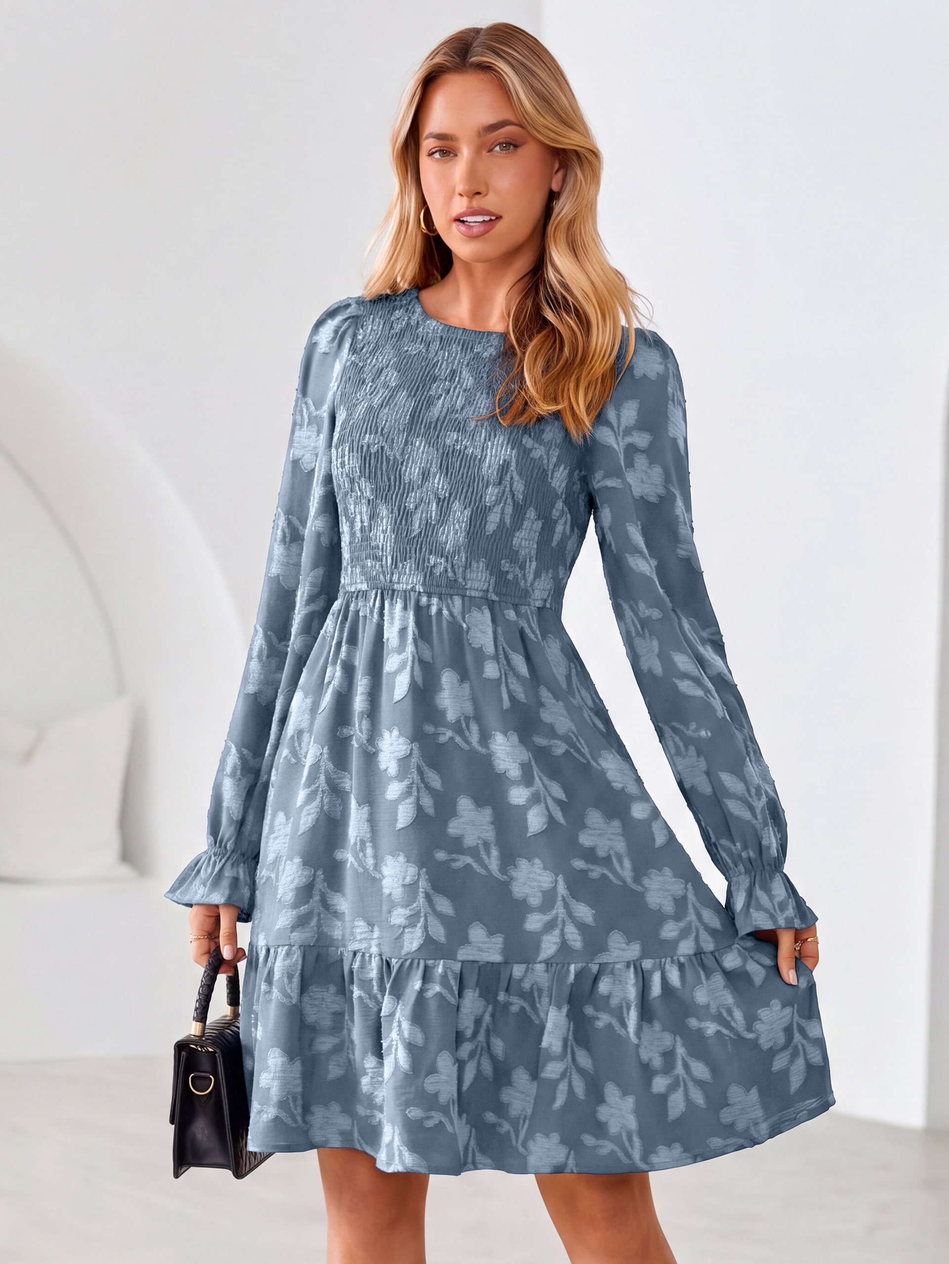 Burnout Leaf Smocked Bodice Long Sleeve Mini Dress
