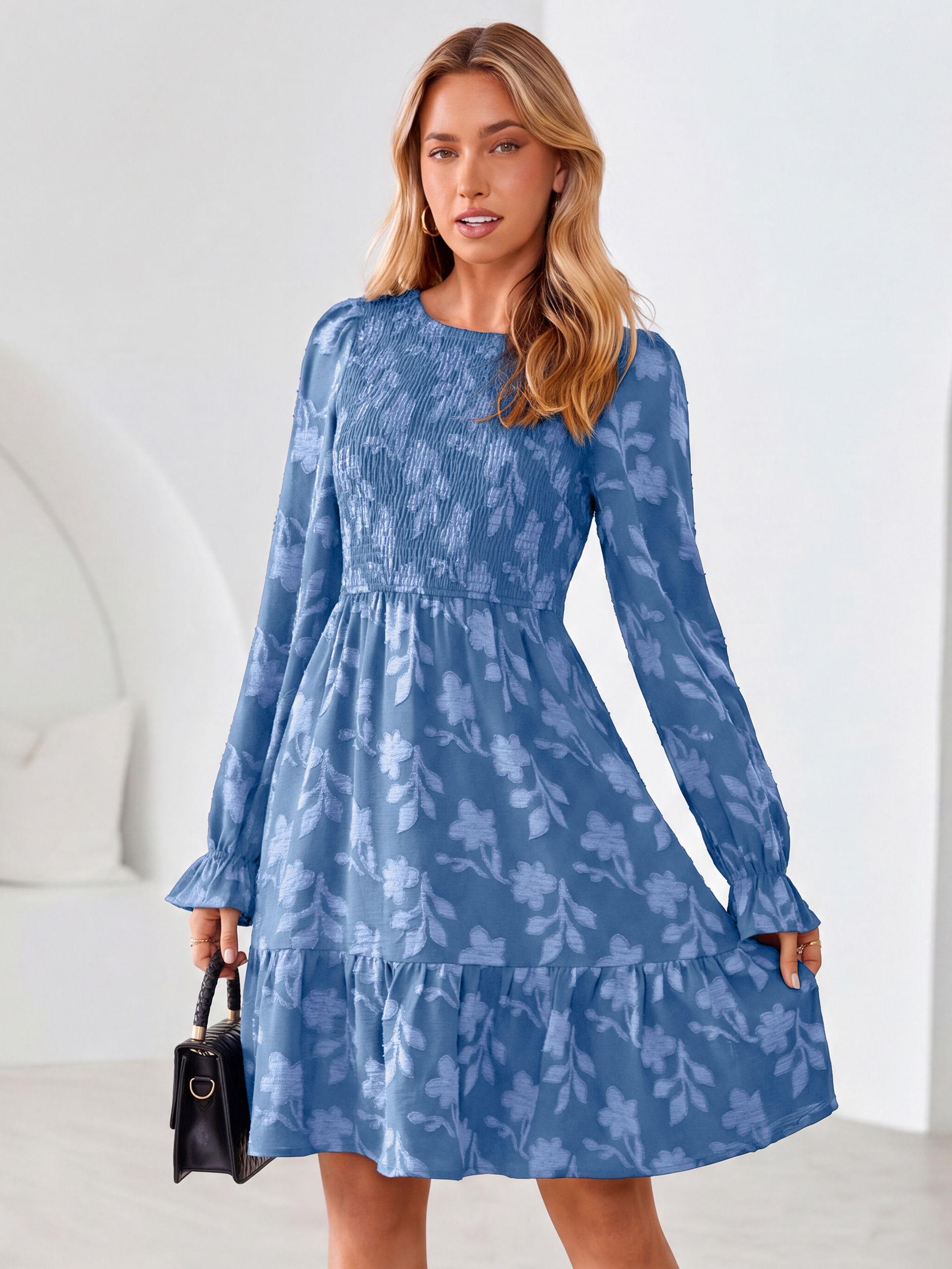 Burnout Leaf Smocked Bodice Long Sleeve Mini Dress