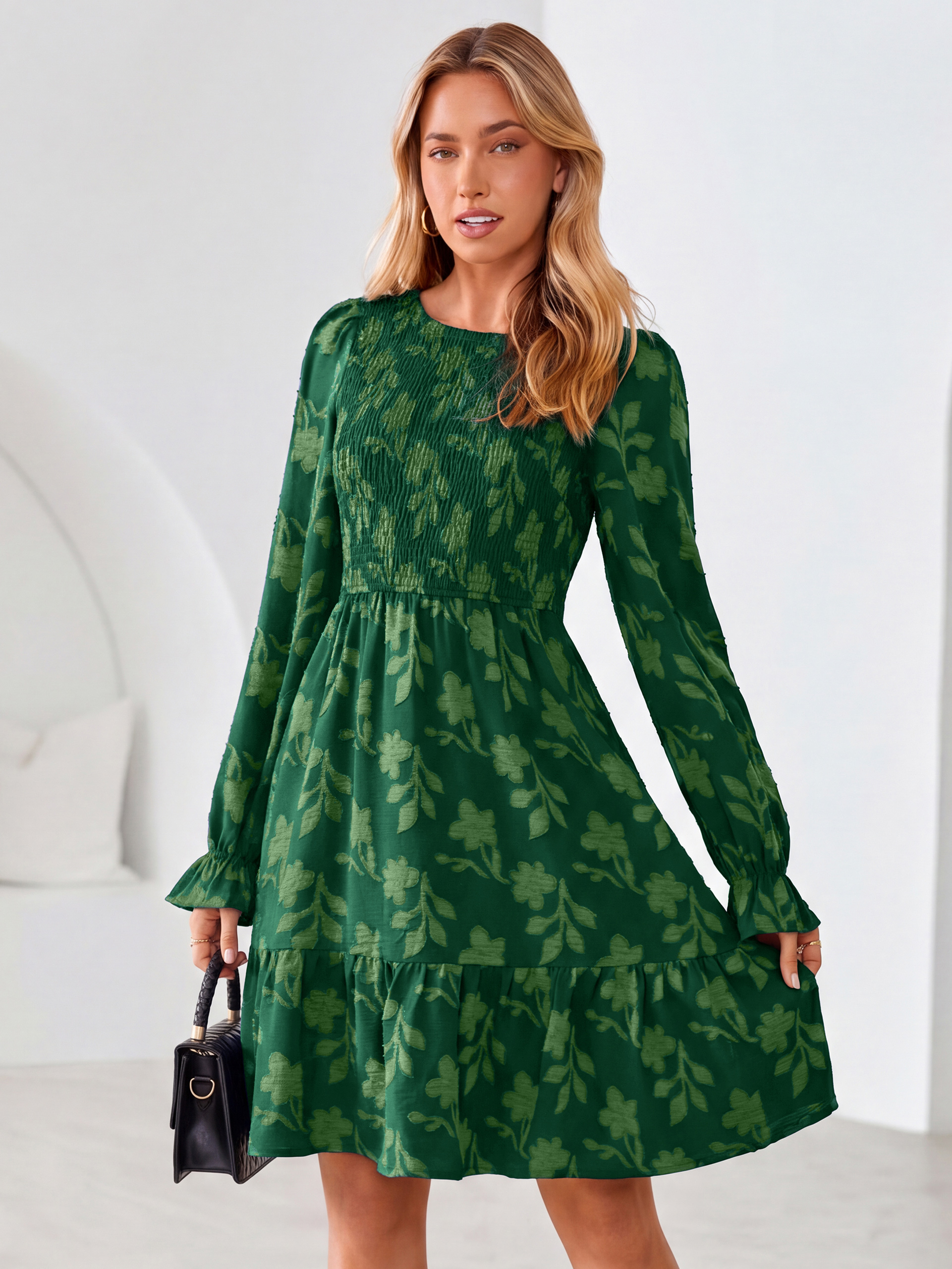 Burnout Leaf Smocked Bodice Long Sleeve Mini Dress