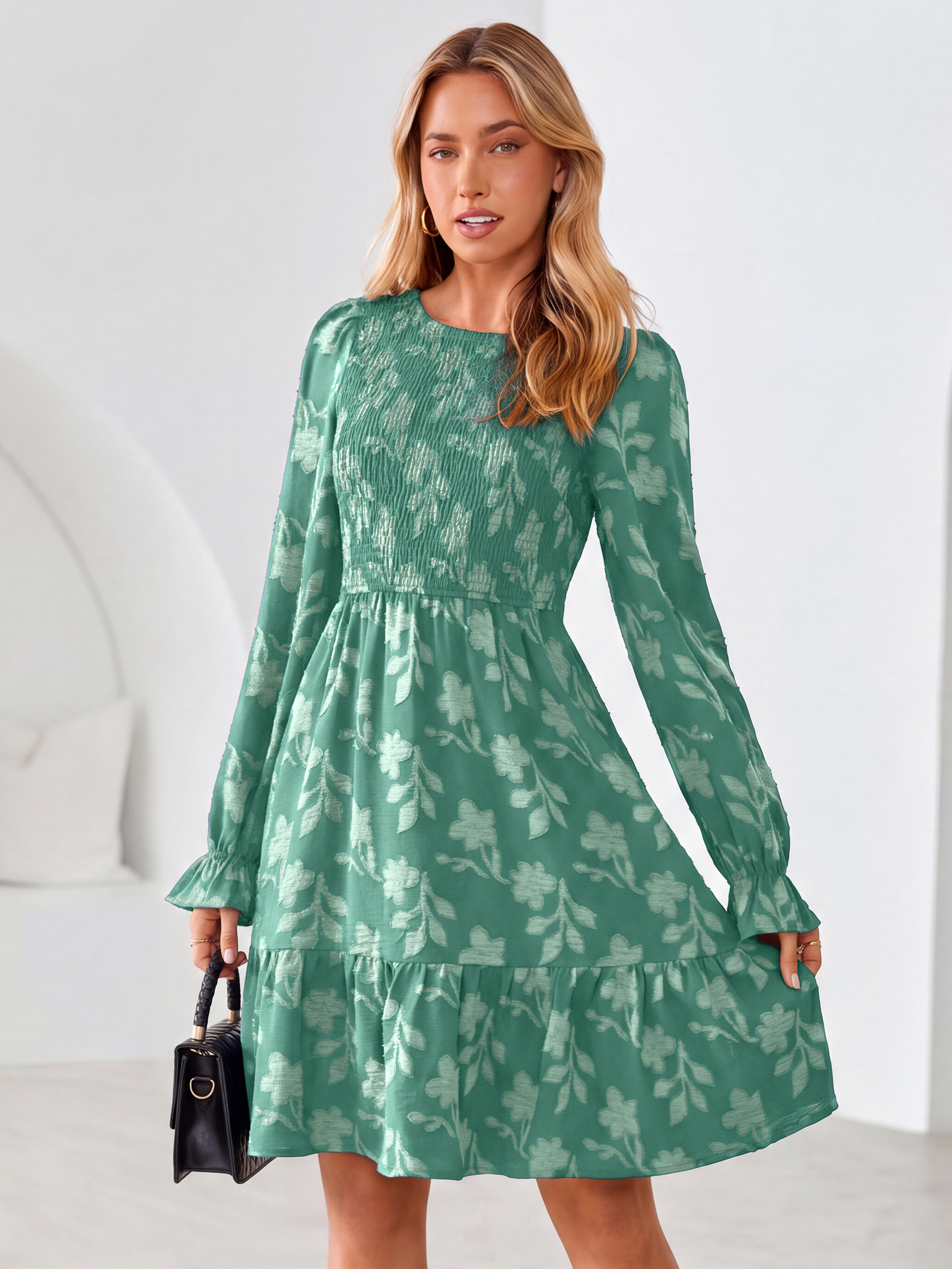 Burnout Leaf Smocked Bodice Long Sleeve Mini Dress