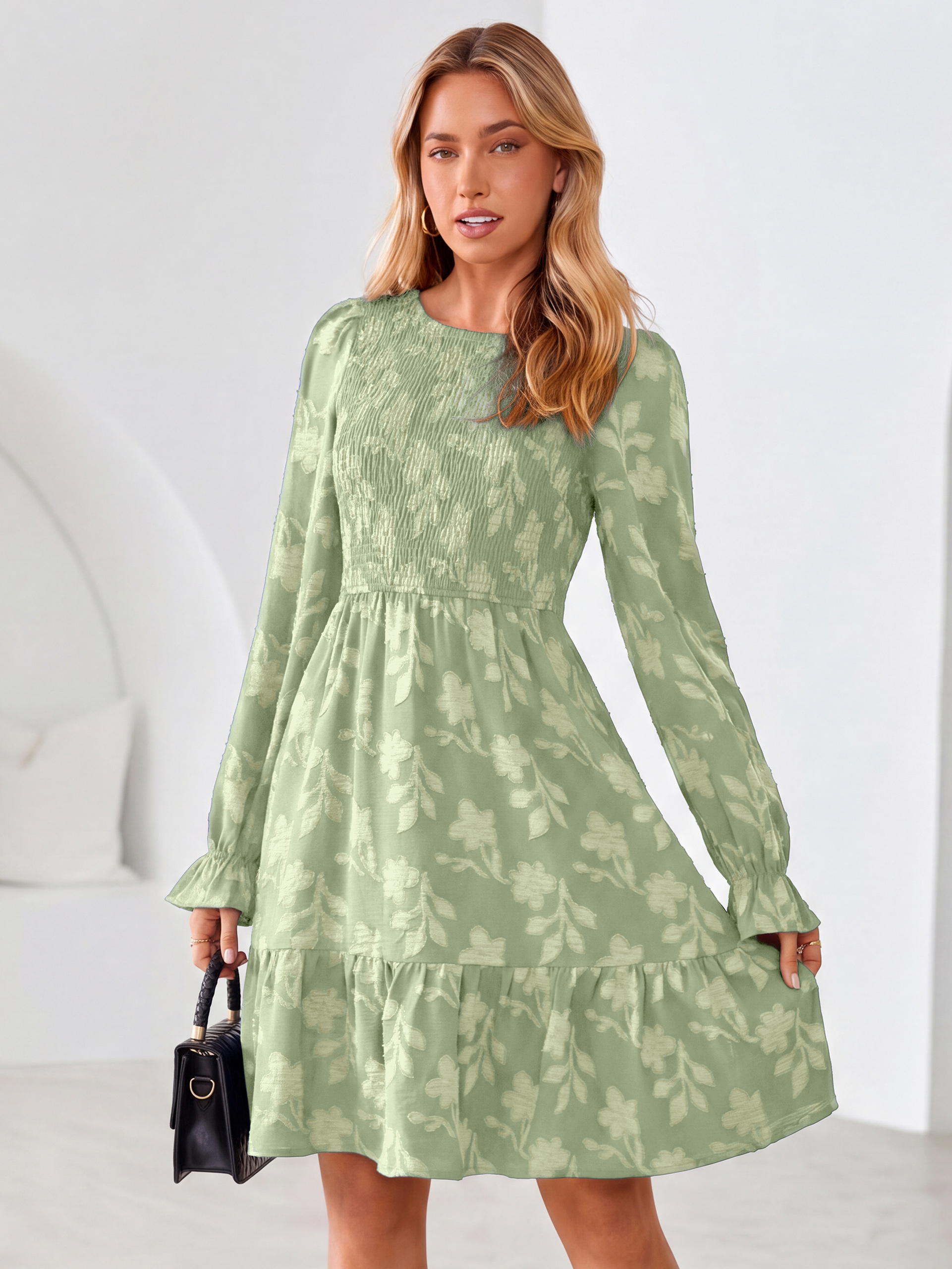 Burnout Leaf Smocked Bodice Long Sleeve Mini Dress