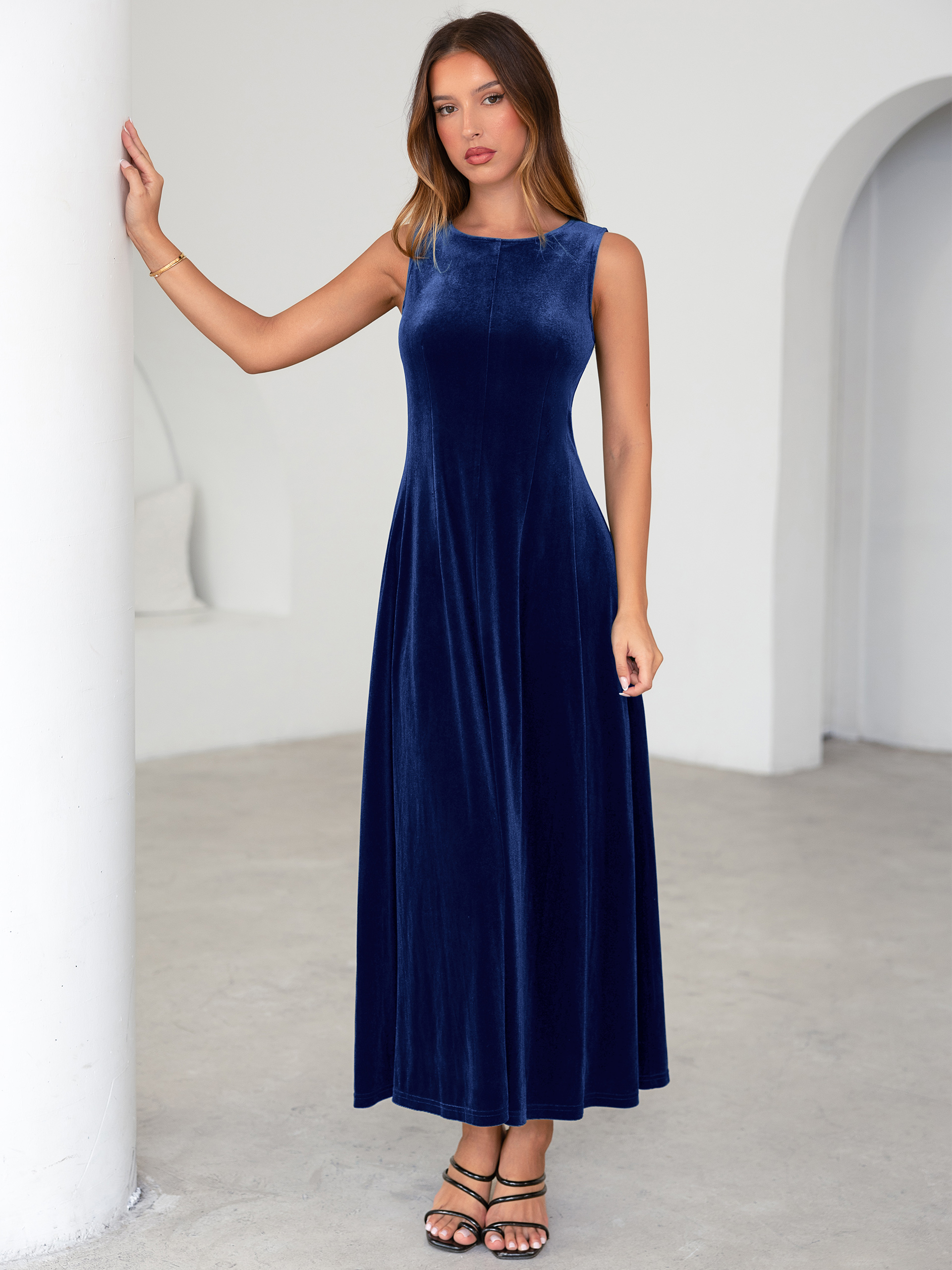 Elegant Sleeveless Velvet Crew Neck A Line Maxi Dress - Navy Blue