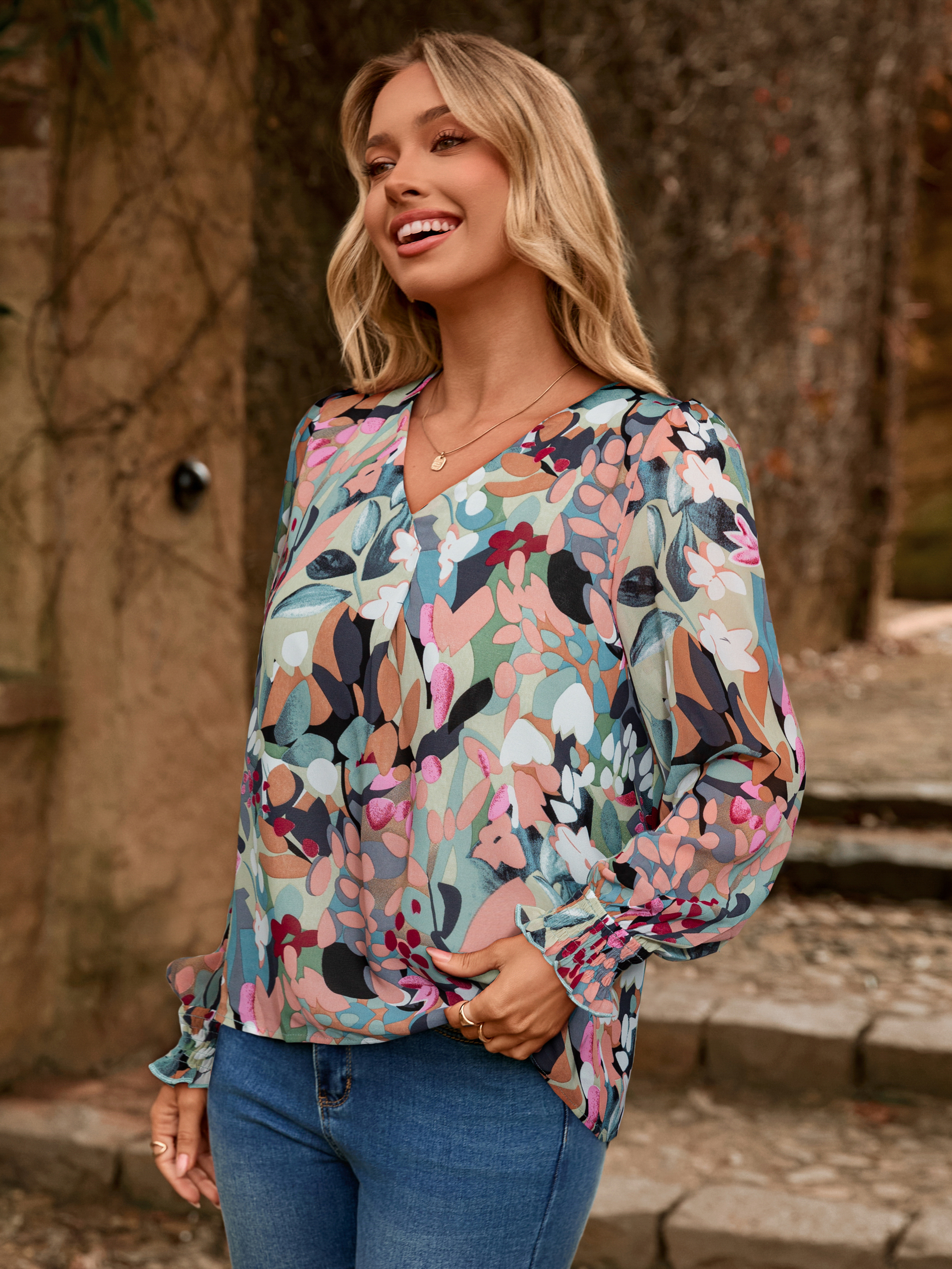 Floral V Neck Long Sleeve Blouse