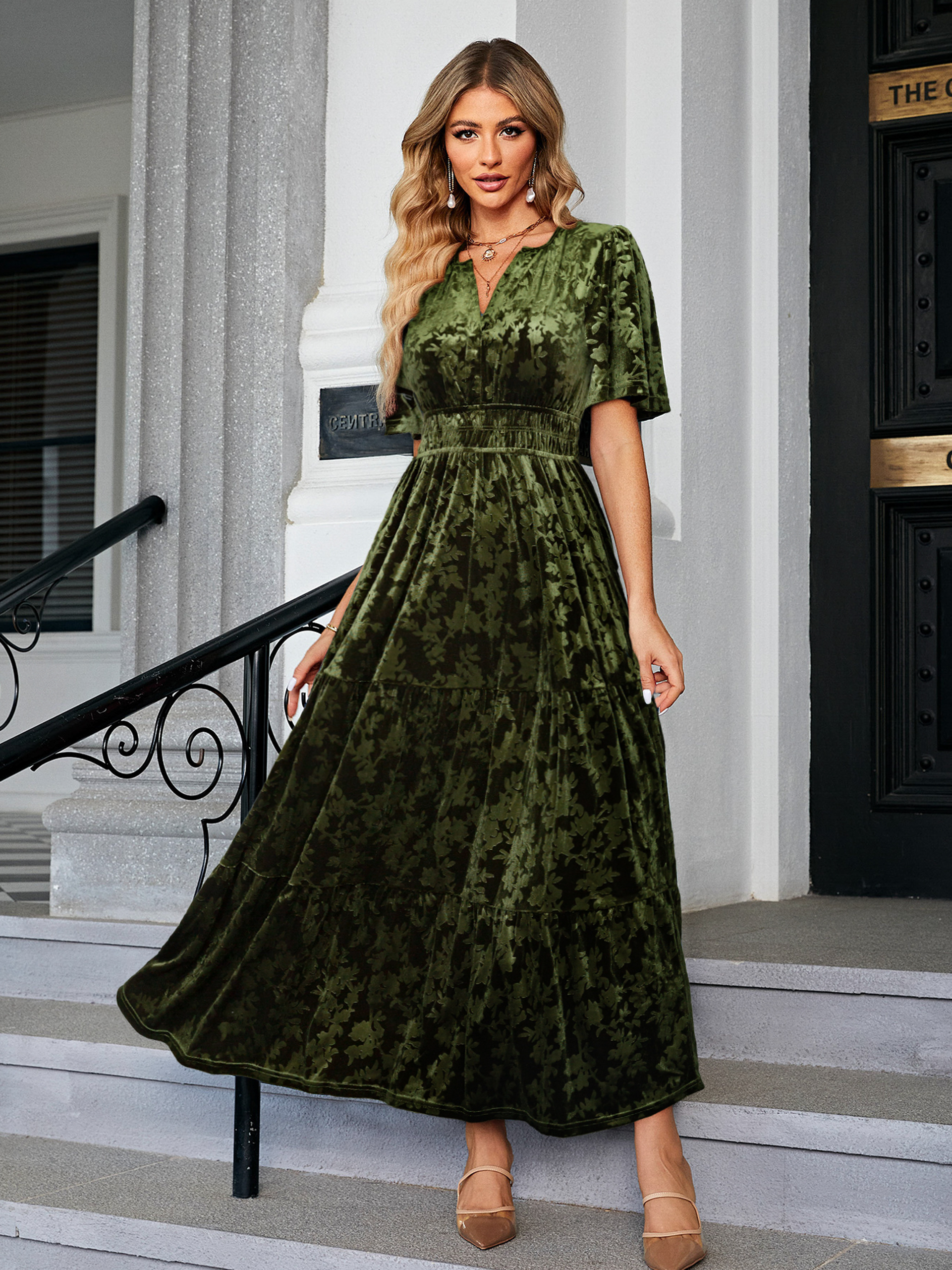 Velvet Print V-Neck Empire Tiered Ruffle Maxi Dress - Print-Army Green