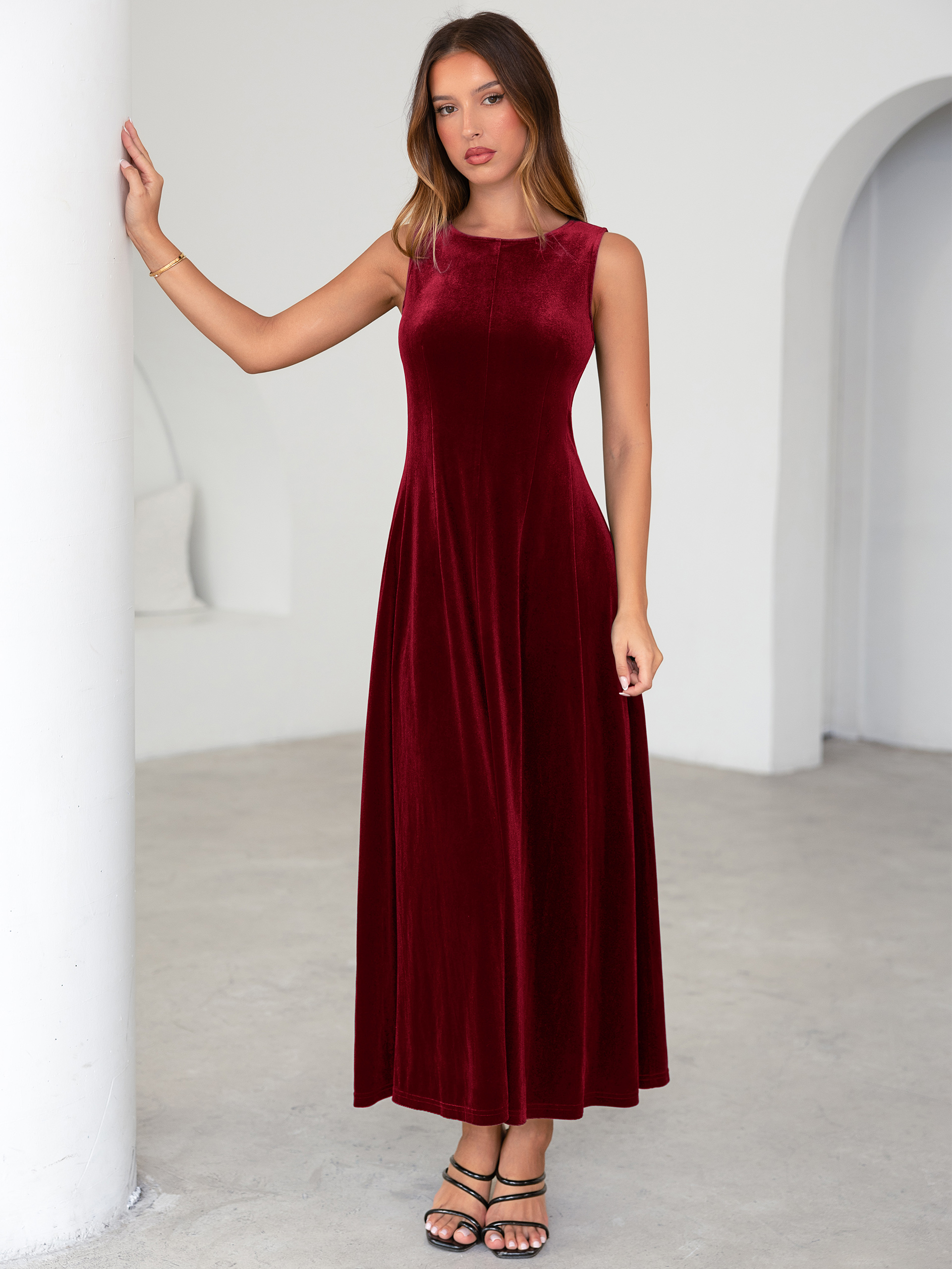 Elegant Sleeveless Velvet Crew Neck A Line Maxi Dress - Wine Red
