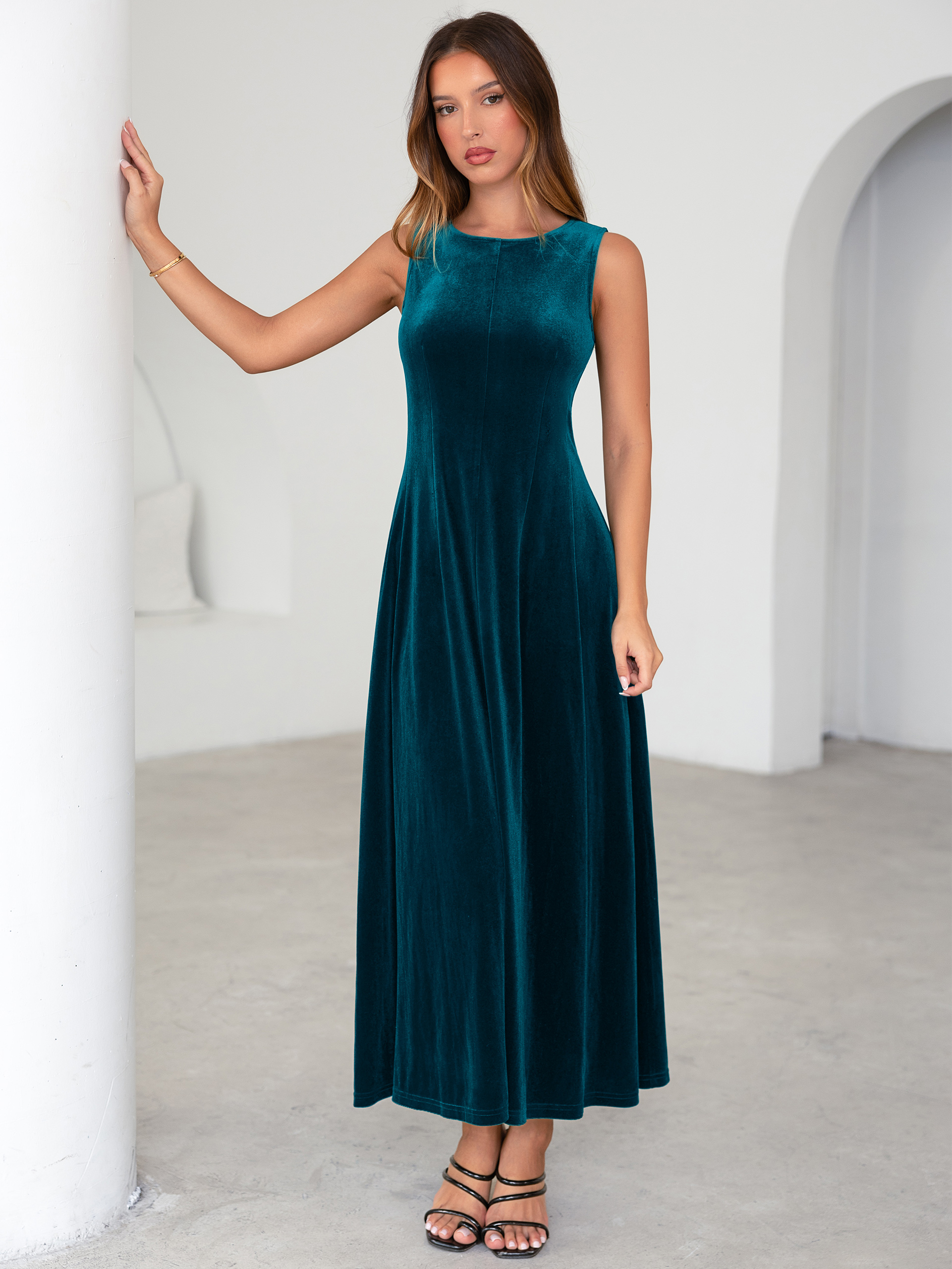 Elegant Sleeveless Velvet Crew Neck A Line Maxi Dress - Teal