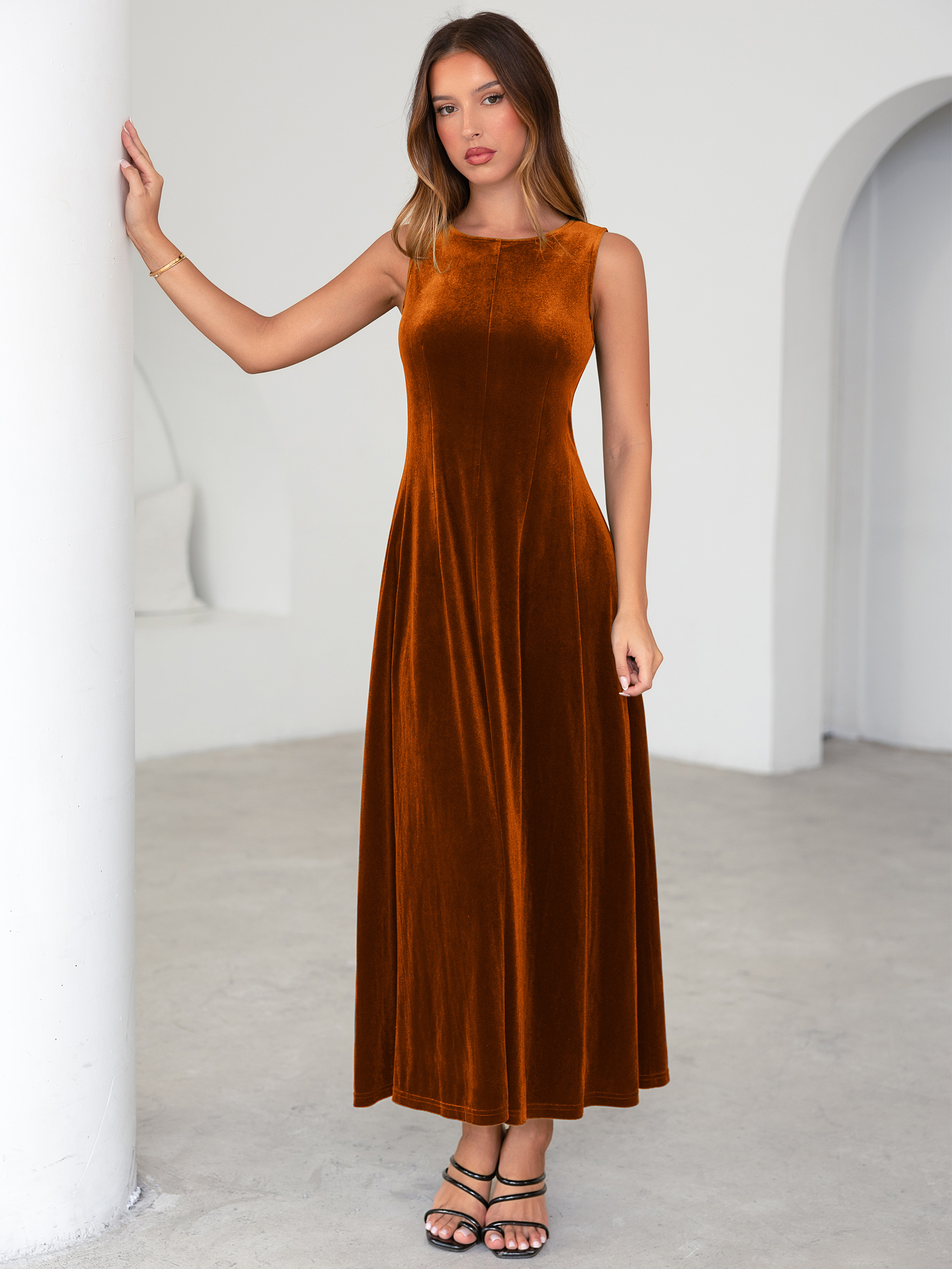 Elegant Sleeveless Velvet Crew Neck A Line Maxi Dress - Burnt Orange