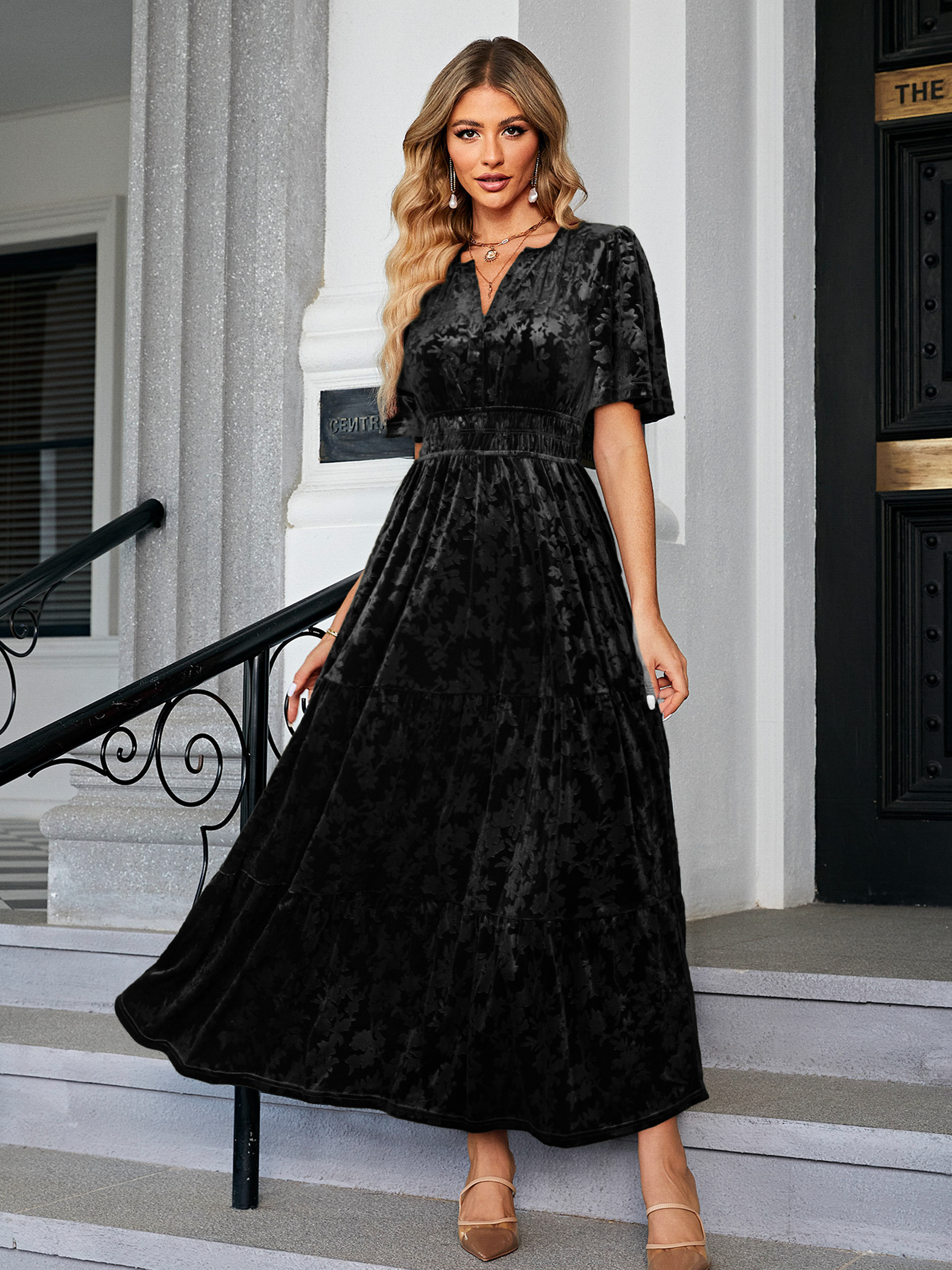Velvet Print V-Neck Empire Tiered Ruffle Maxi Dress - Print-Black