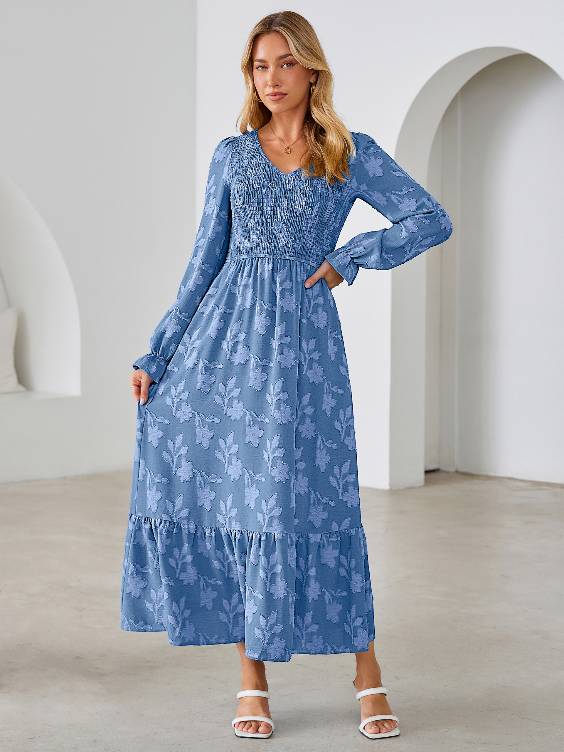 Floral Burnout Smocked V Neck Maxi Dress