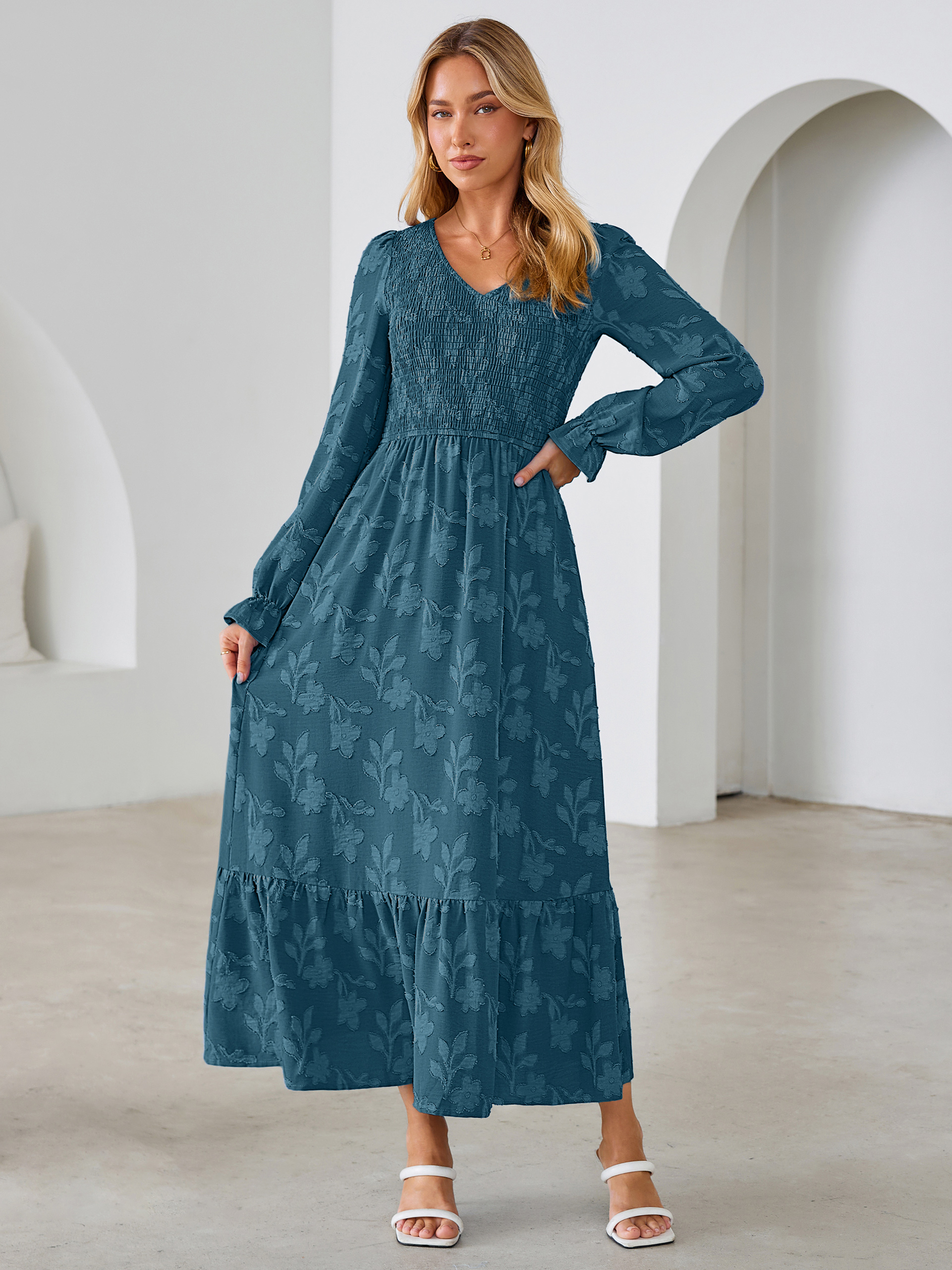 Floral Burnout Smocked V Neck Maxi Dress