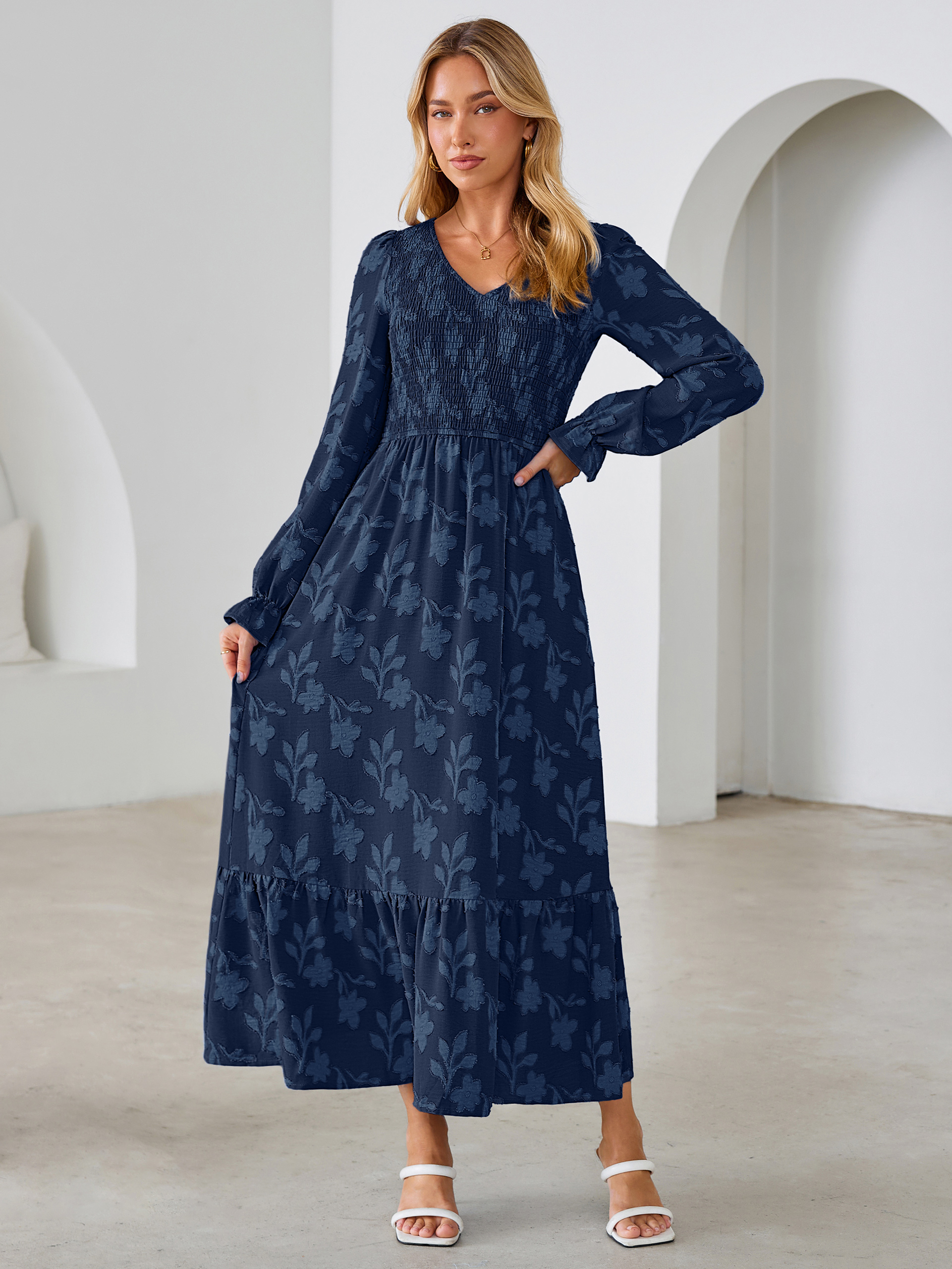 Floral Burnout Smocked V Neck Maxi Dress