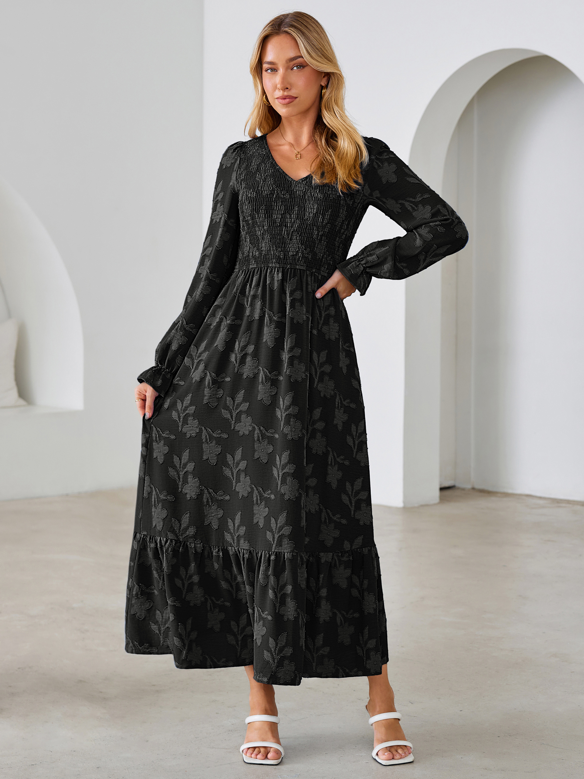 Floral Burnout Smocked V Neck Maxi Dress