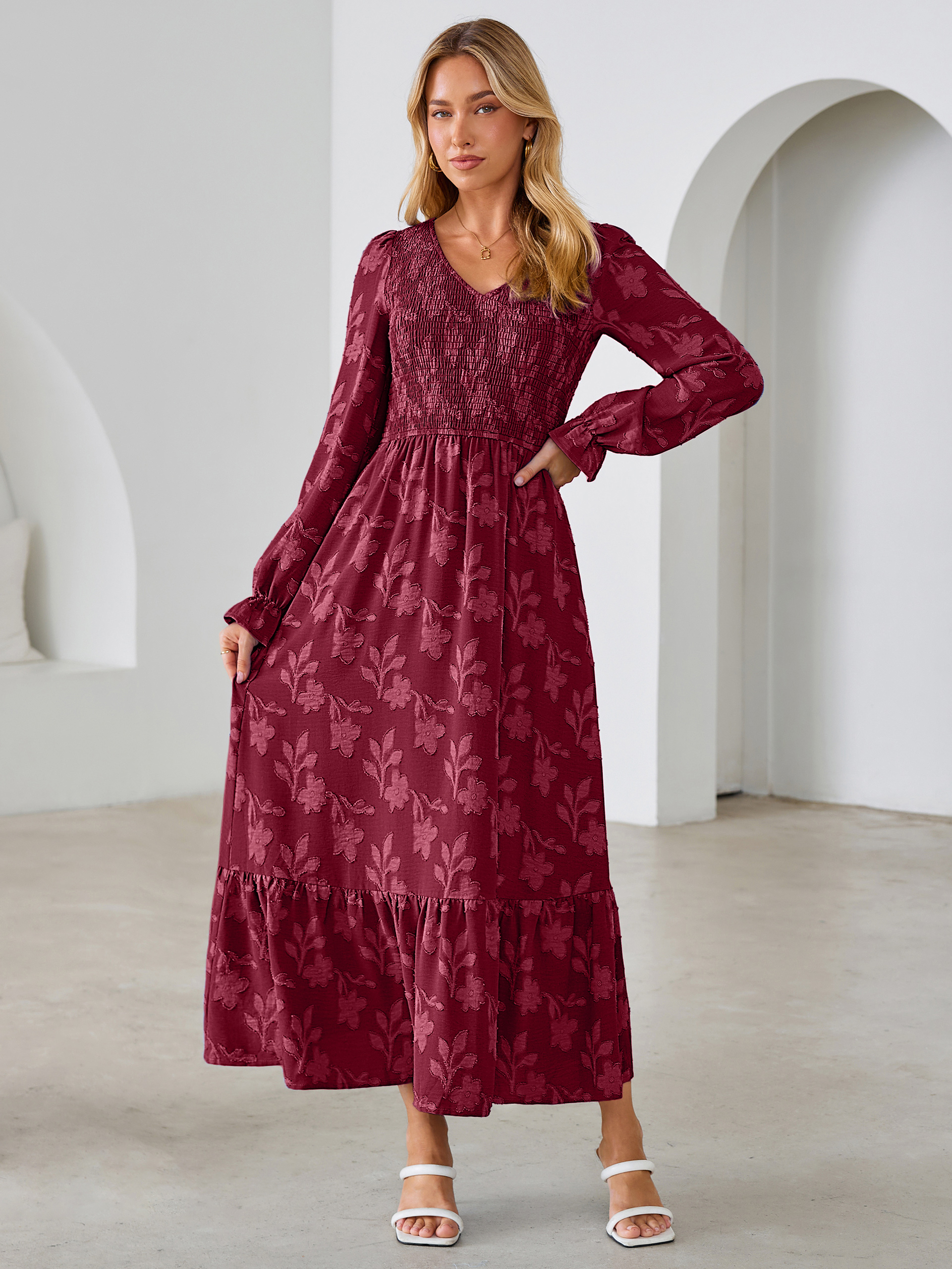 Floral Burnout Smocked V Neck Maxi Dress