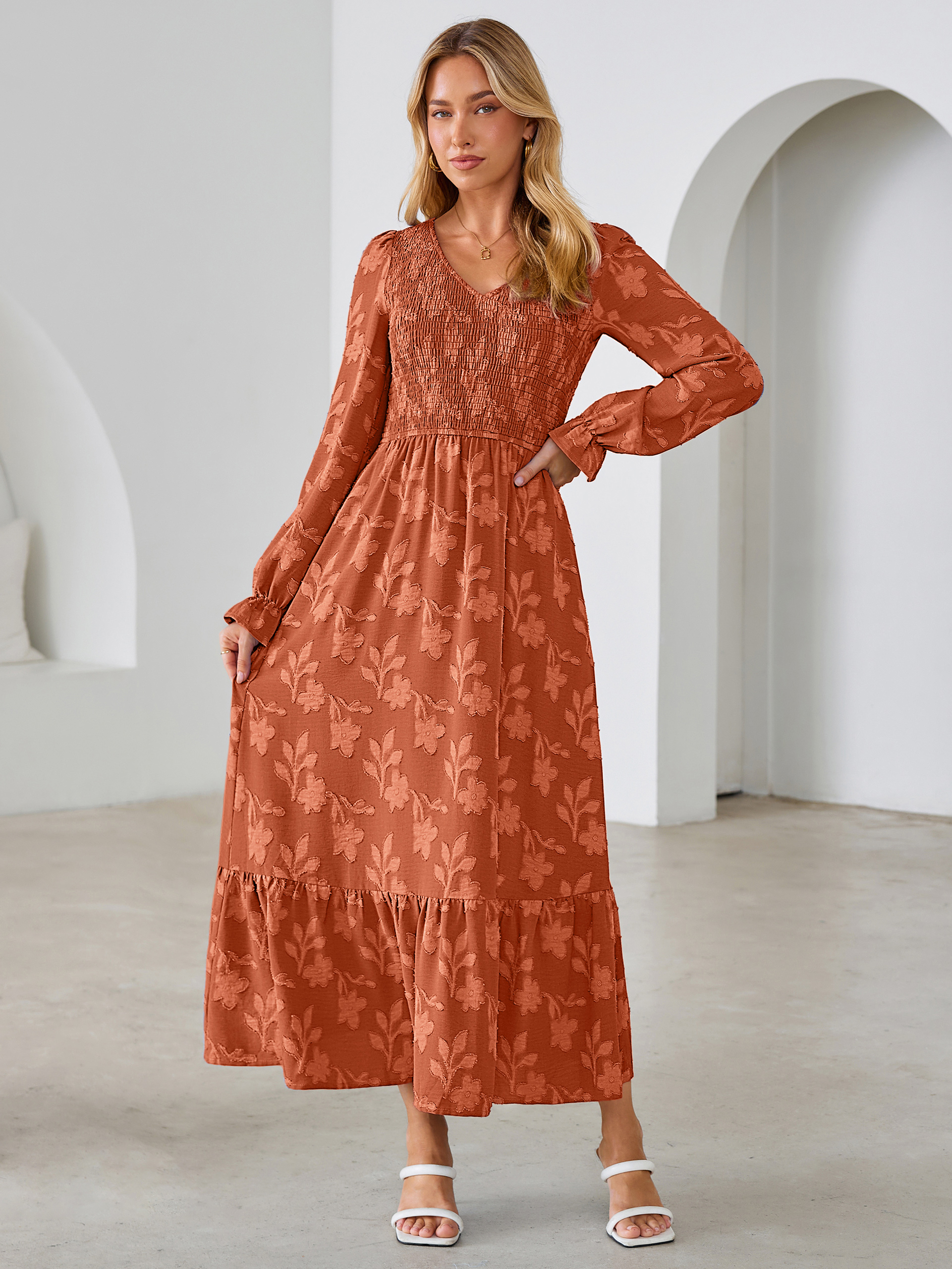 Floral Burnout Smocked V Neck Maxi Dress