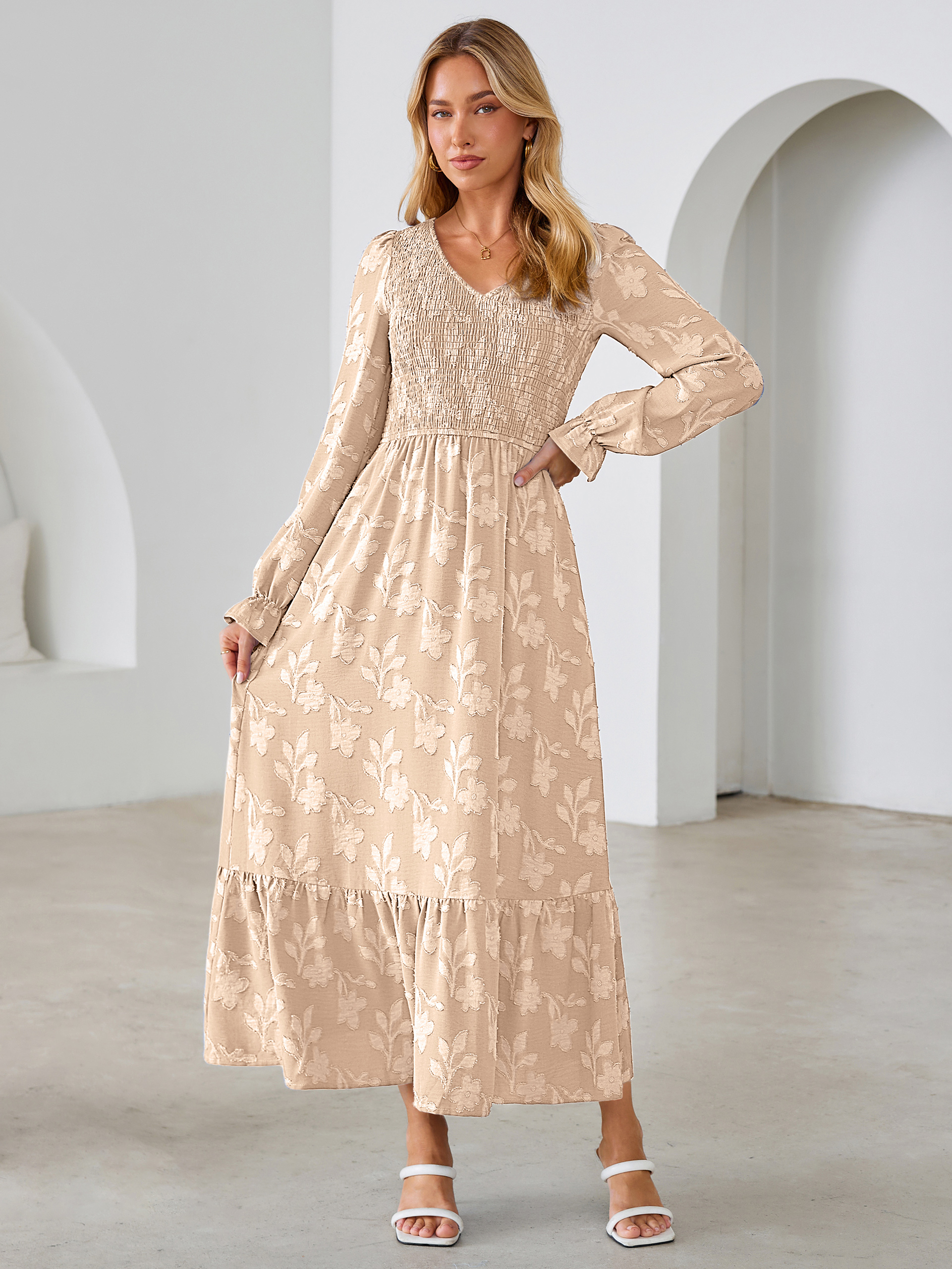 Floral Burnout Smocked V Neck Maxi Dress