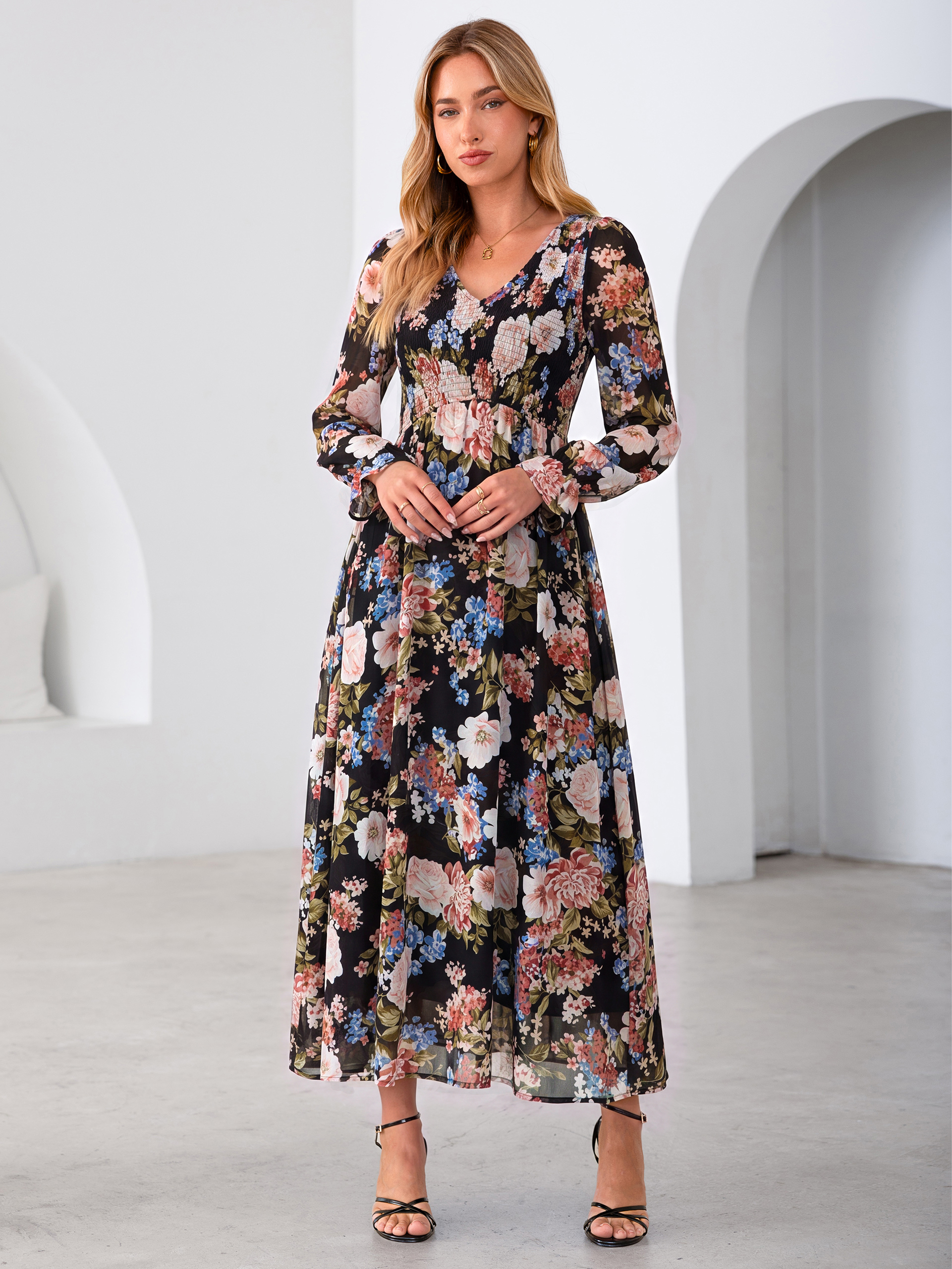 Floral Chiffon Smocked V Neck Maxi Dress