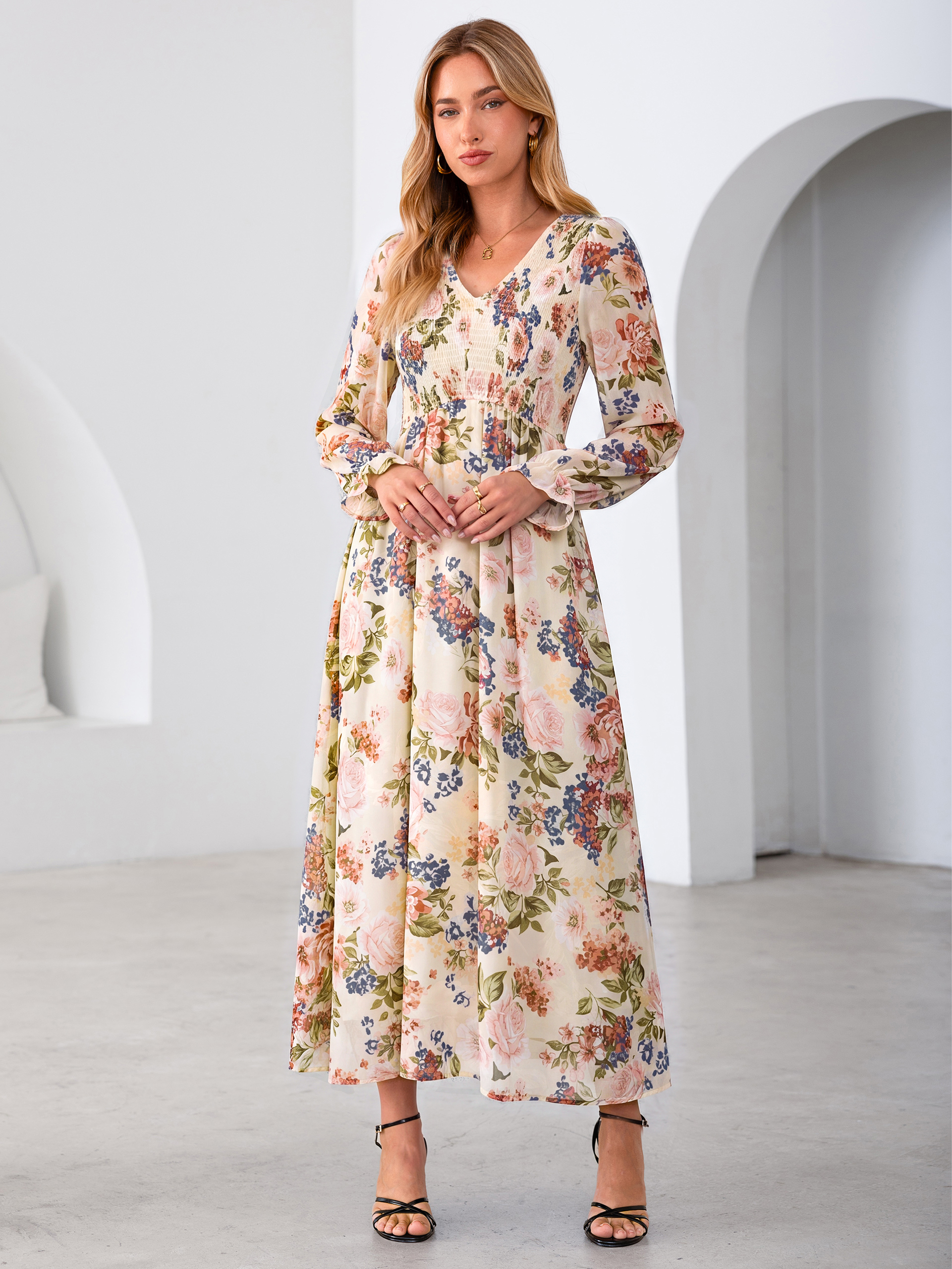 Floral Chiffon Smocked V Neck Maxi Dress