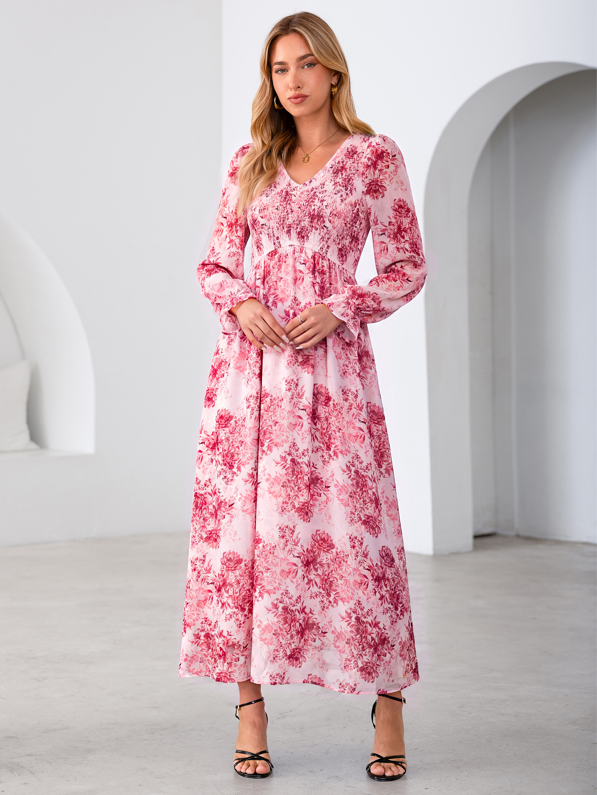 Floral Chiffon Smocked V Neck Maxi Dress