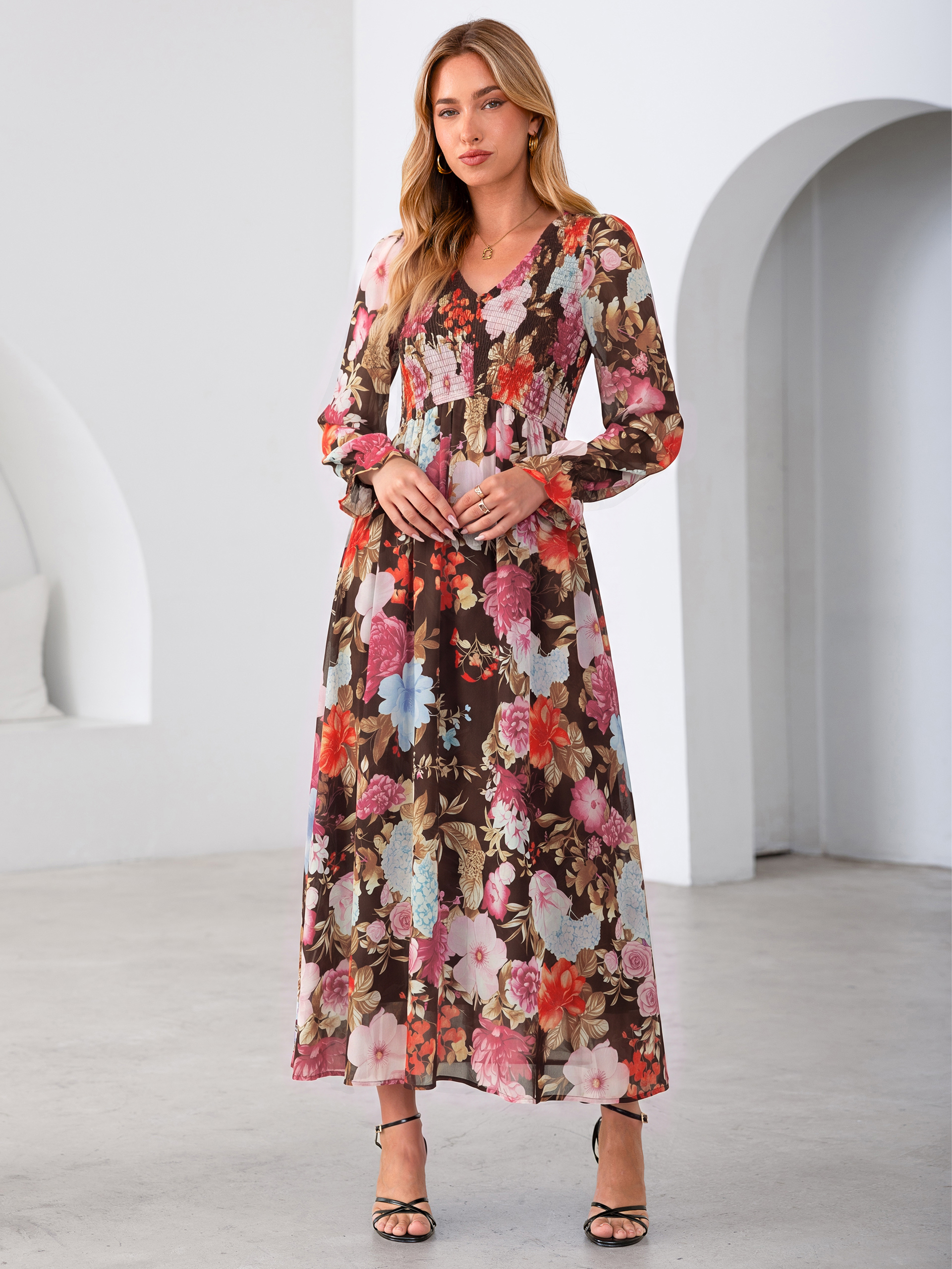Floral Chiffon Smocked V Neck Maxi Dress