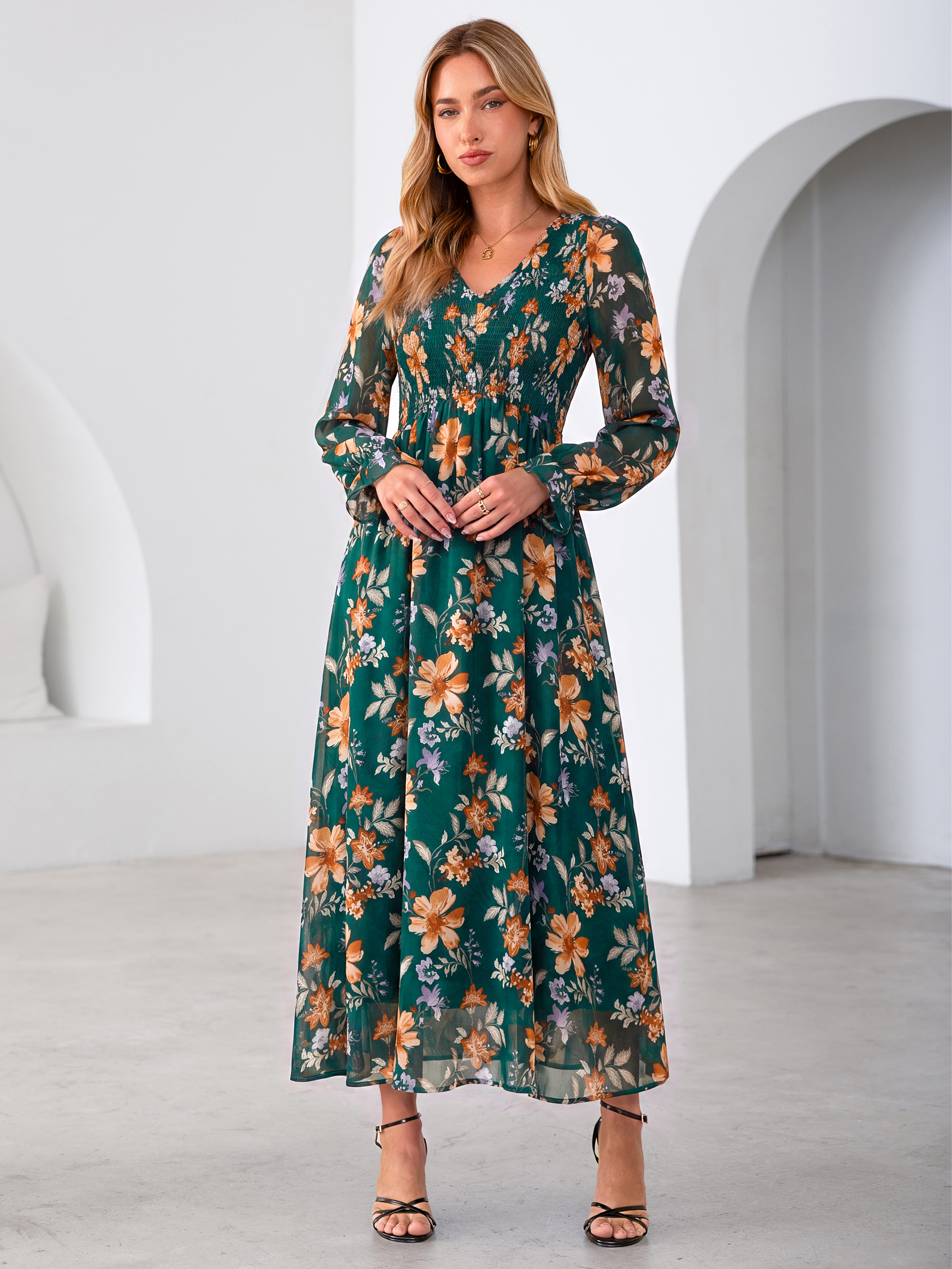 Floral Chiffon Smocked V Neck Maxi Dress