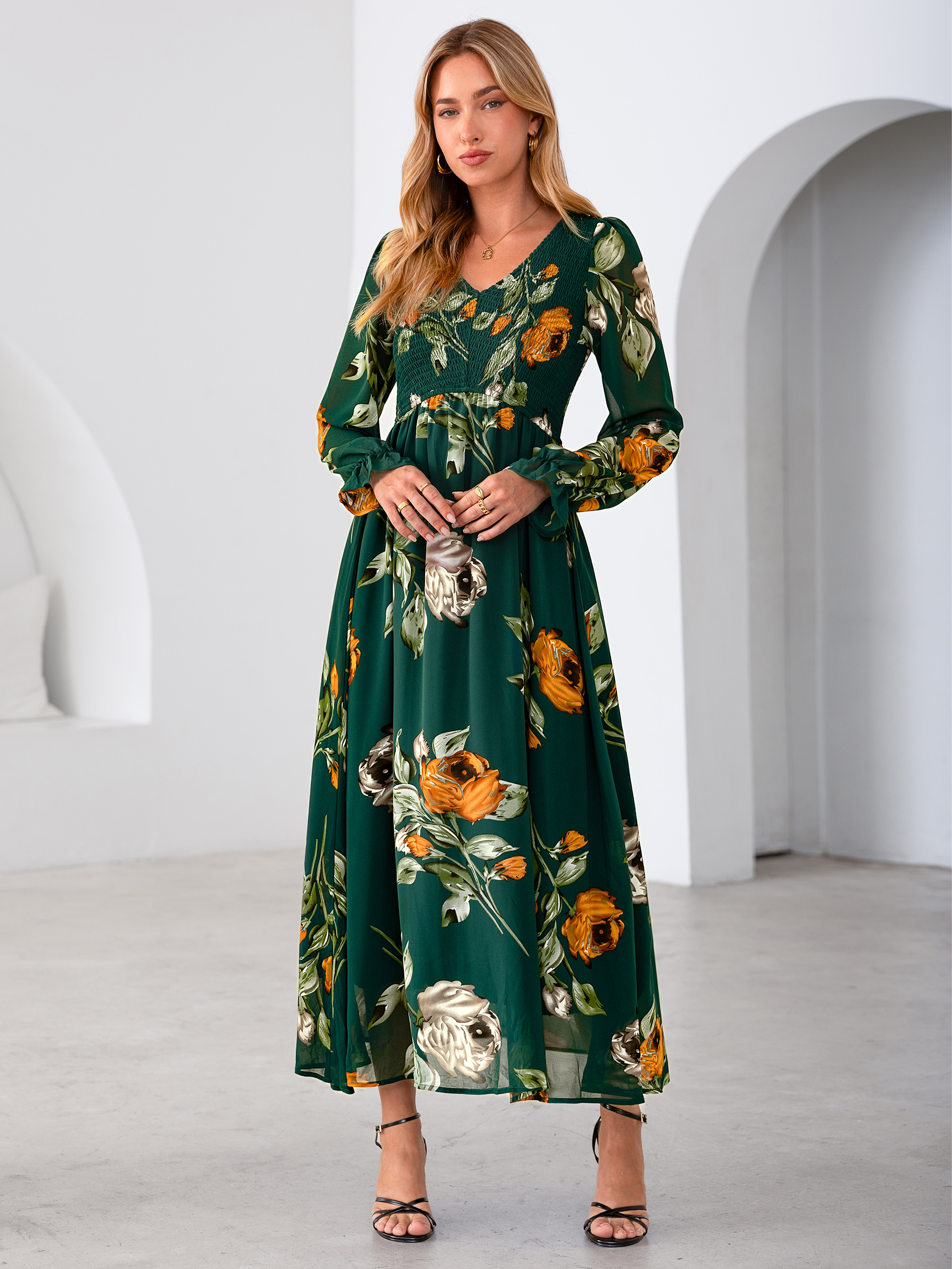 Floral Chiffon Smocked V Neck Maxi Dress