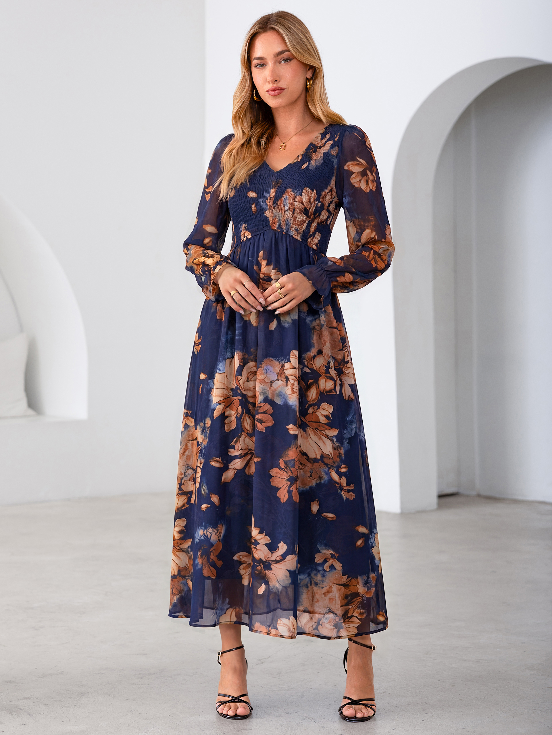 Floral Chiffon Smocked V Neck Maxi Dress