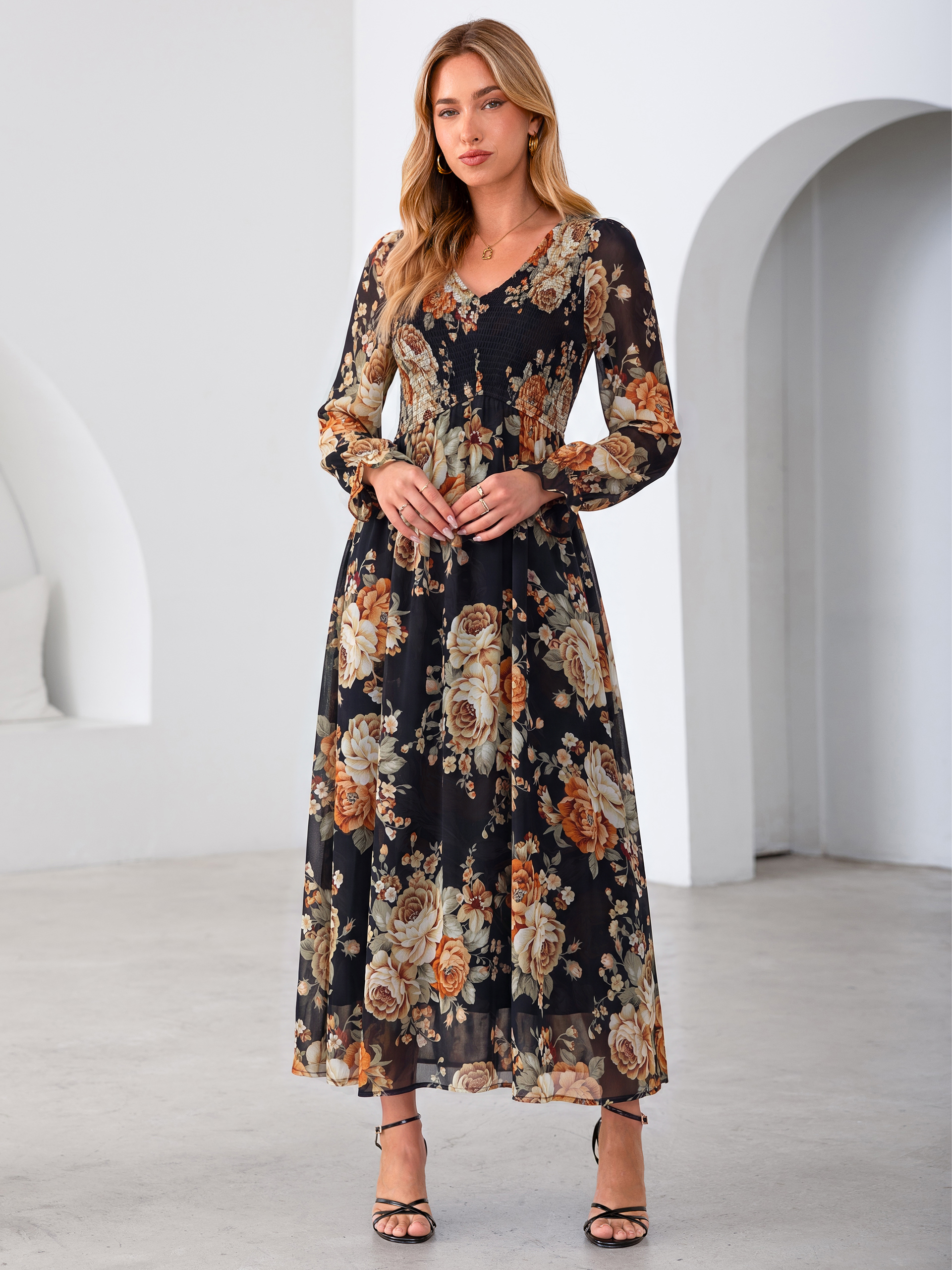 Floral Chiffon Smocked V Neck Maxi Dress