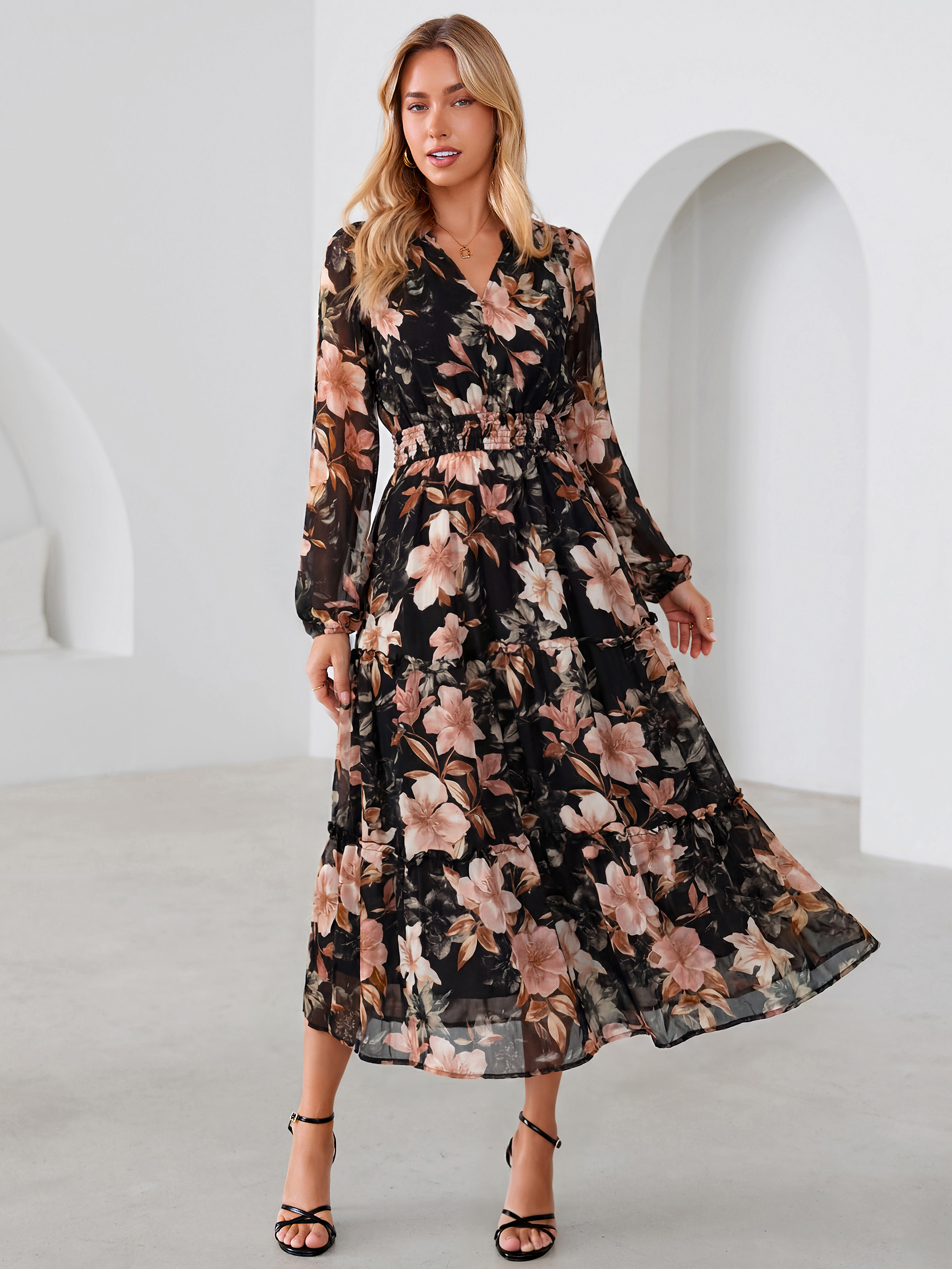 Floral Chiffon Button V Neck Tiered Maxi Dress - Black Floral