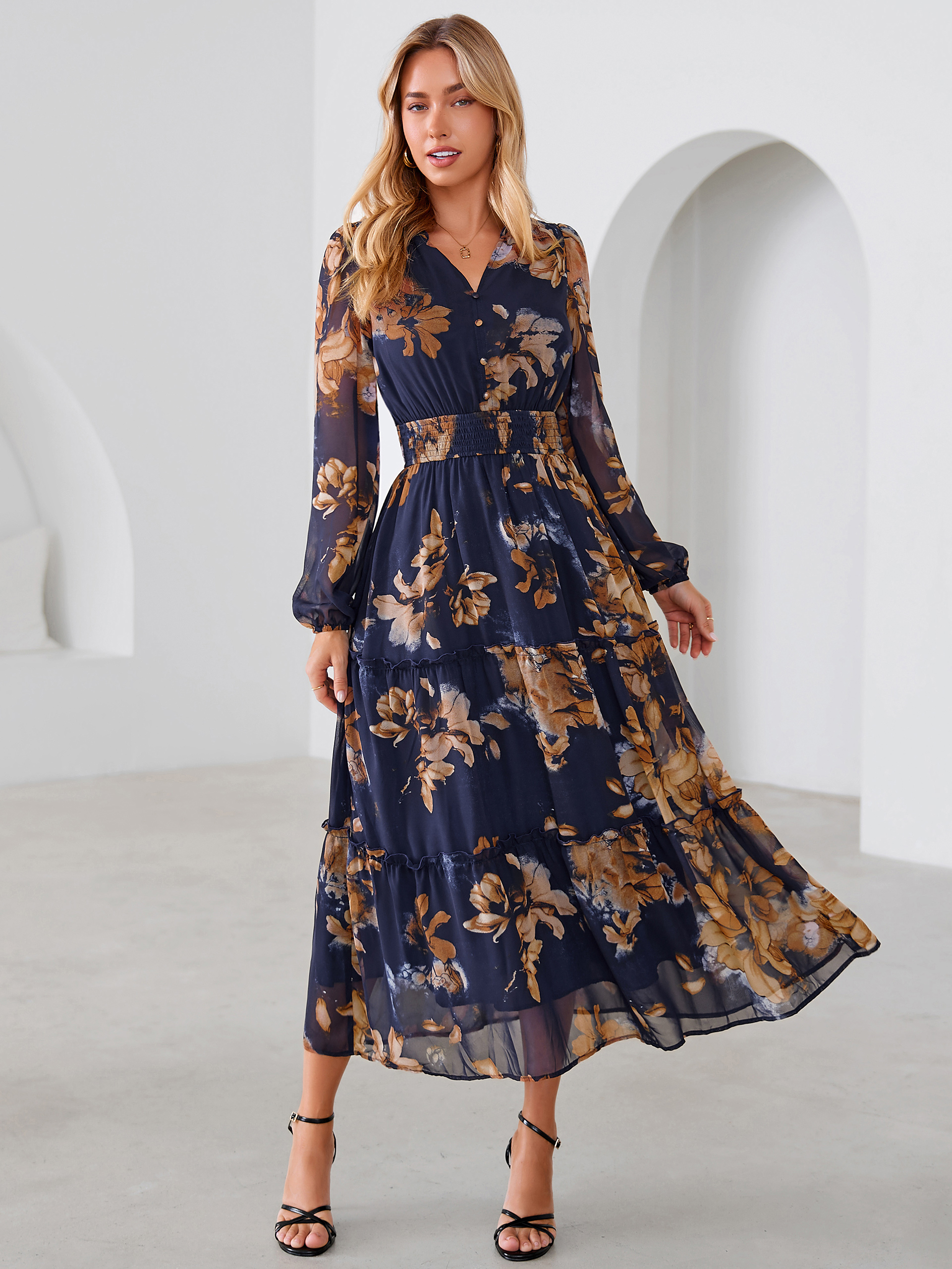 Floral Chiffon Button V Neck Tiered Maxi Dress - Blue Yellow Floral