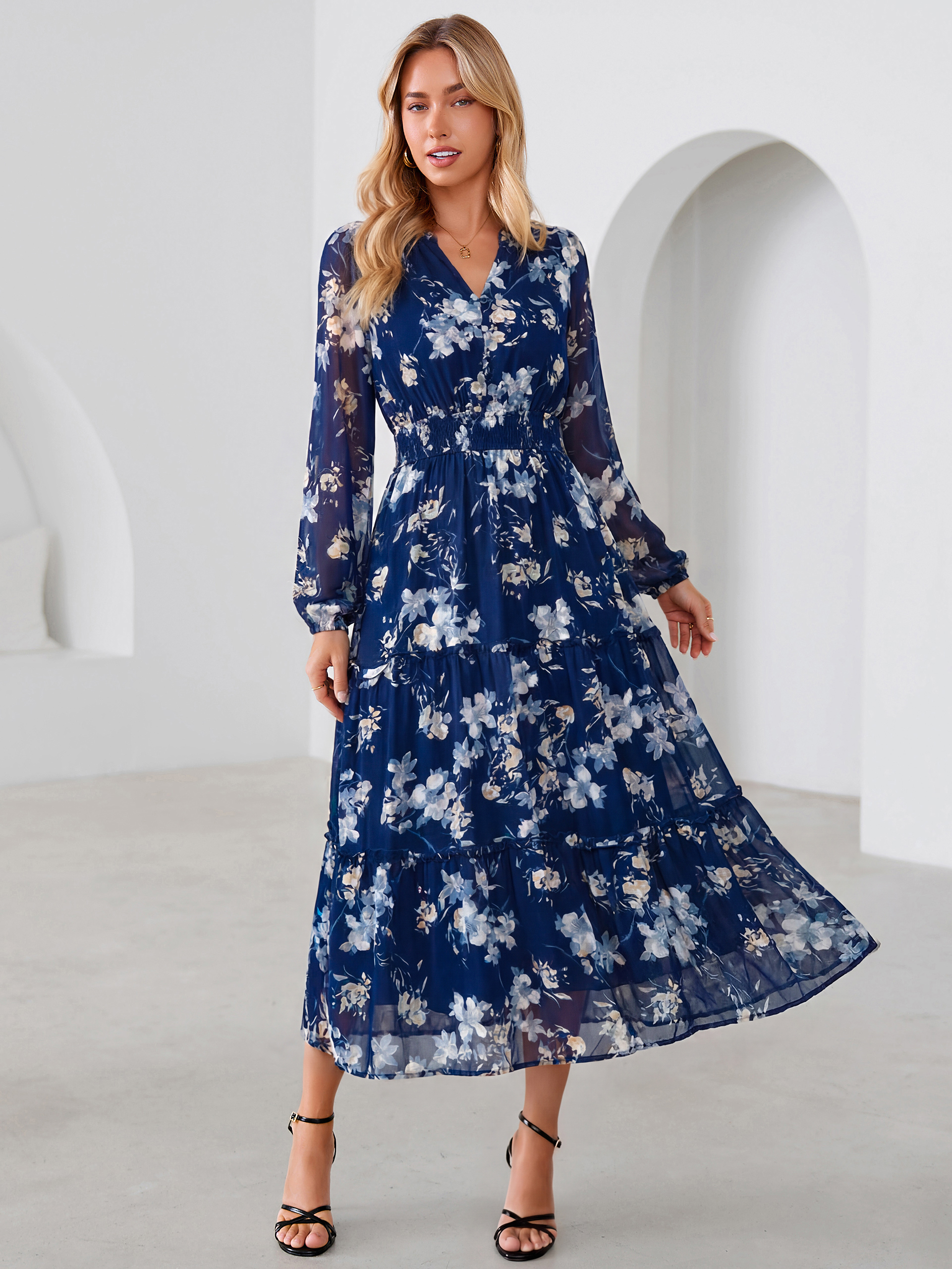 Floral Chiffon Button V Neck Tiered Maxi Dress - Blue Floral
