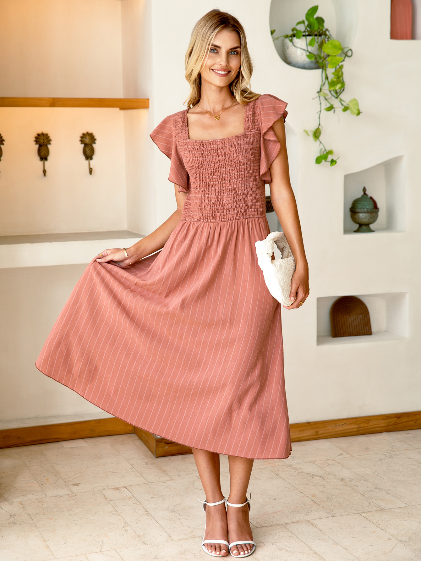 Ruffle Sleeve Smocked Square Neck Striped Midi Dress